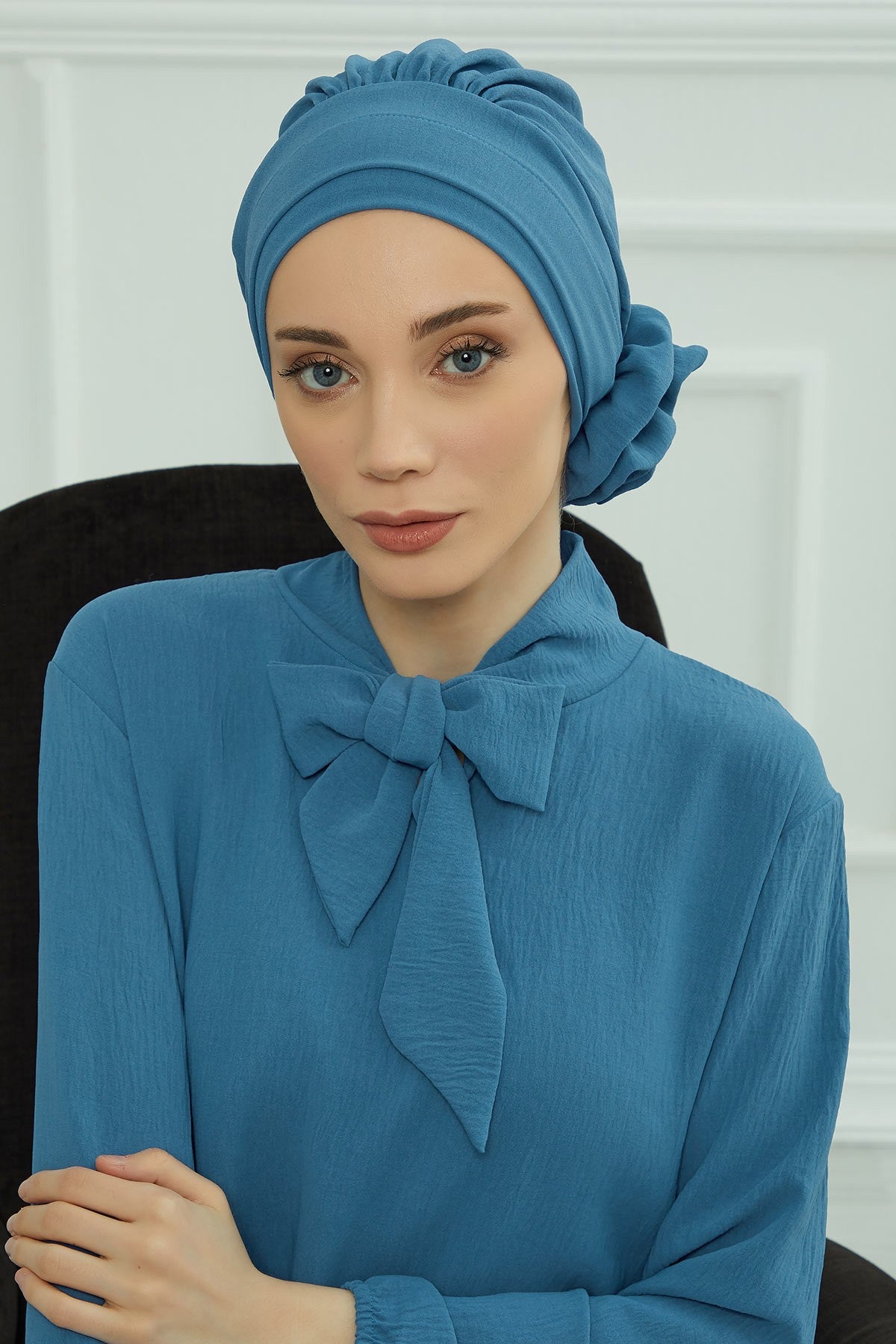 Pre-Tied Modest Turban for Women, Soft Aerobin Fabric Hijab with Stylish Back Flower, Slip-On Cotton Blend Head Cover,HT-92 İndigo