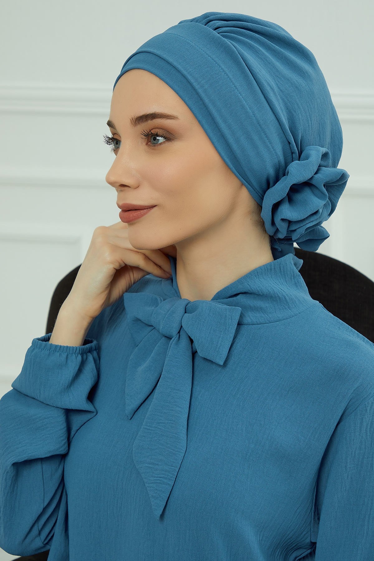 Pre-Tied Modest Turban for Women, Soft Aerobin Fabric Hijab with Stylish Back Flower, Slip-On Cotton Blend Head Cover,HT-92 İndigo
