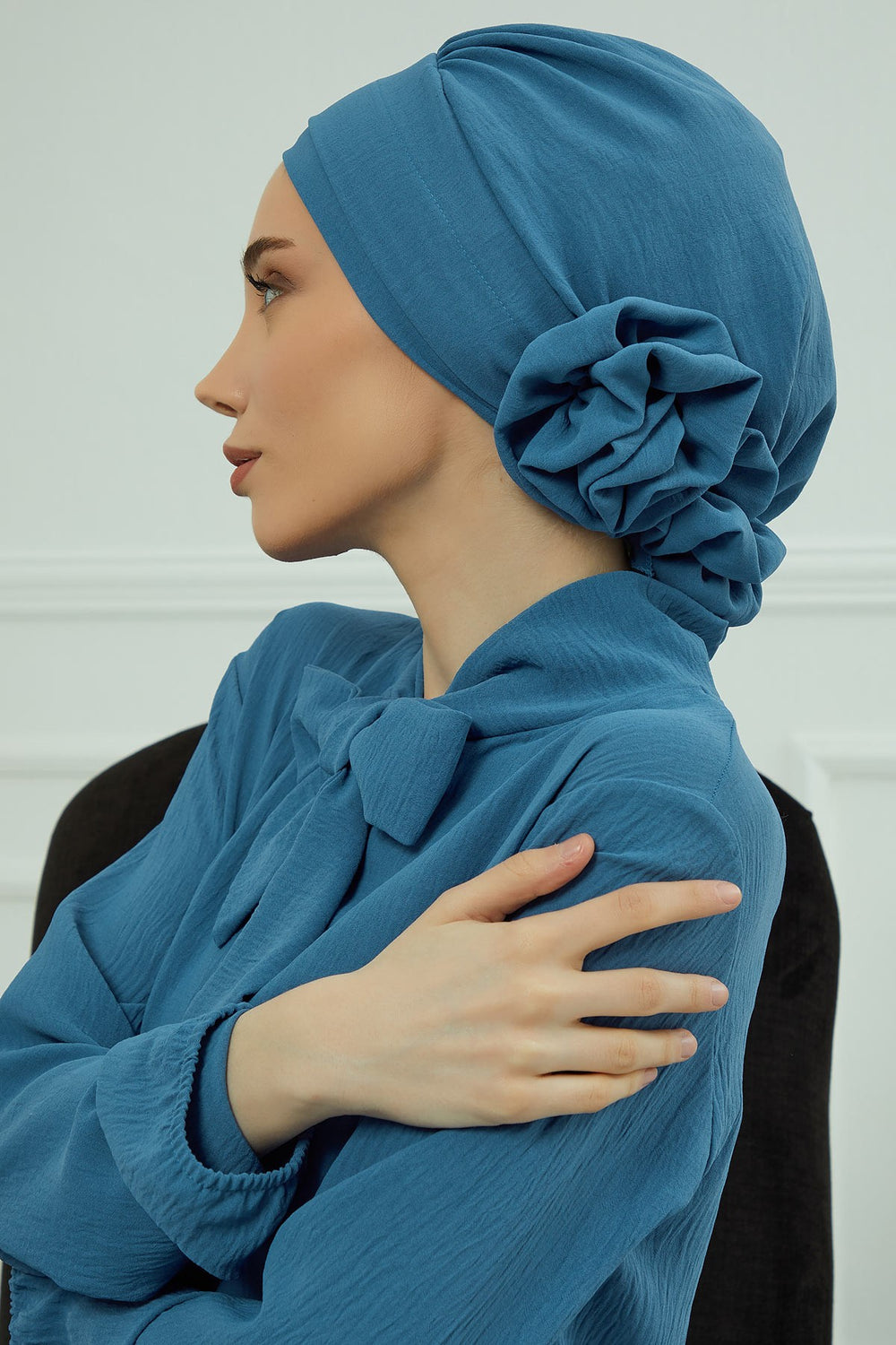 Pre-Tied Modest Turban for Women, Soft Aerobin Fabric Hijab with Stylish Back Flower, Slip-On Cotton Blend Head Cover,HT-92 İndigo