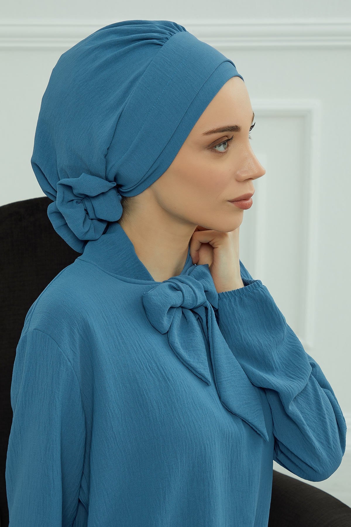 Pre-Tied Modest Turban for Women, Soft Aerobin Fabric Hijab with Stylish Back Flower, Slip-On Cotton Blend Head Cover,HT-92 İndigo