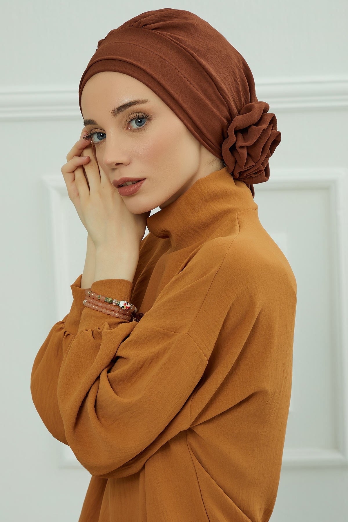 Pre-Tied Modest Turban for Women, Soft Aerobin Fabric Hijab with Stylish Back Flower, Slip-On Cotton Blend Head Cover,HT-92 Cinnamon