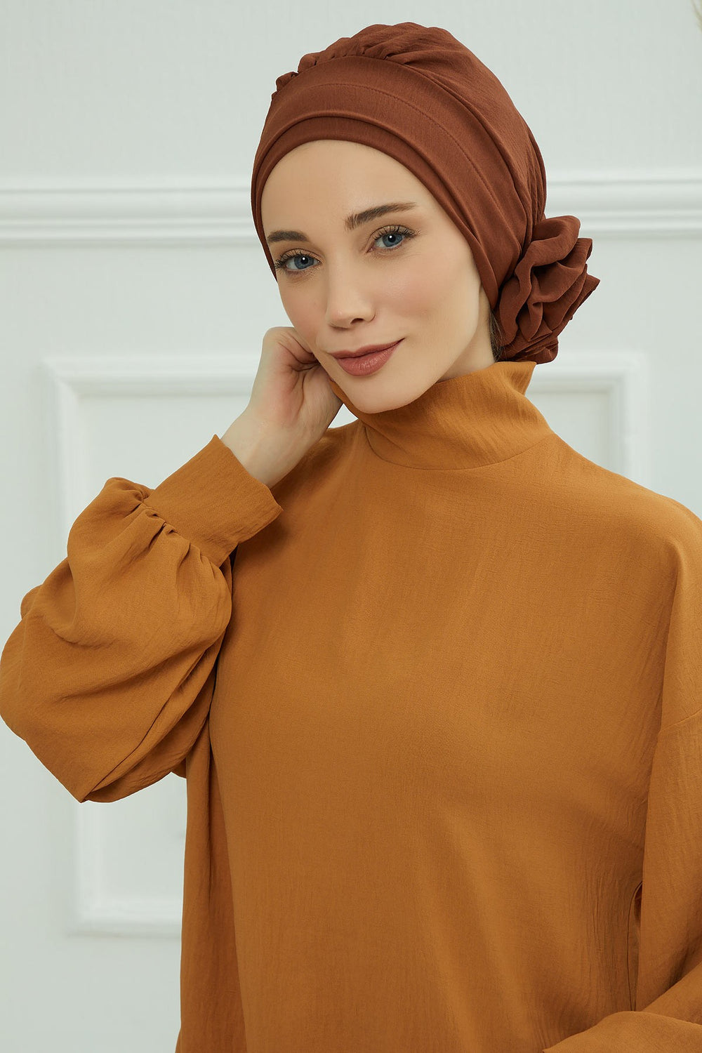 Pre-Tied Modest Turban for Women, Soft Aerobin Fabric Hijab with Stylish Back Flower, Slip-On Cotton Blend Head Cover,HT-92 Cinnamon