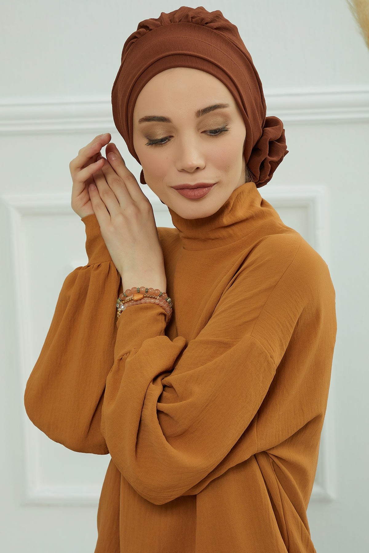 Pre-Tied Modest Turban for Women, Soft Aerobin Fabric Hijab with Stylish Back Flower, Slip-On Cotton Blend Head Cover,HT-92 Cinnamon