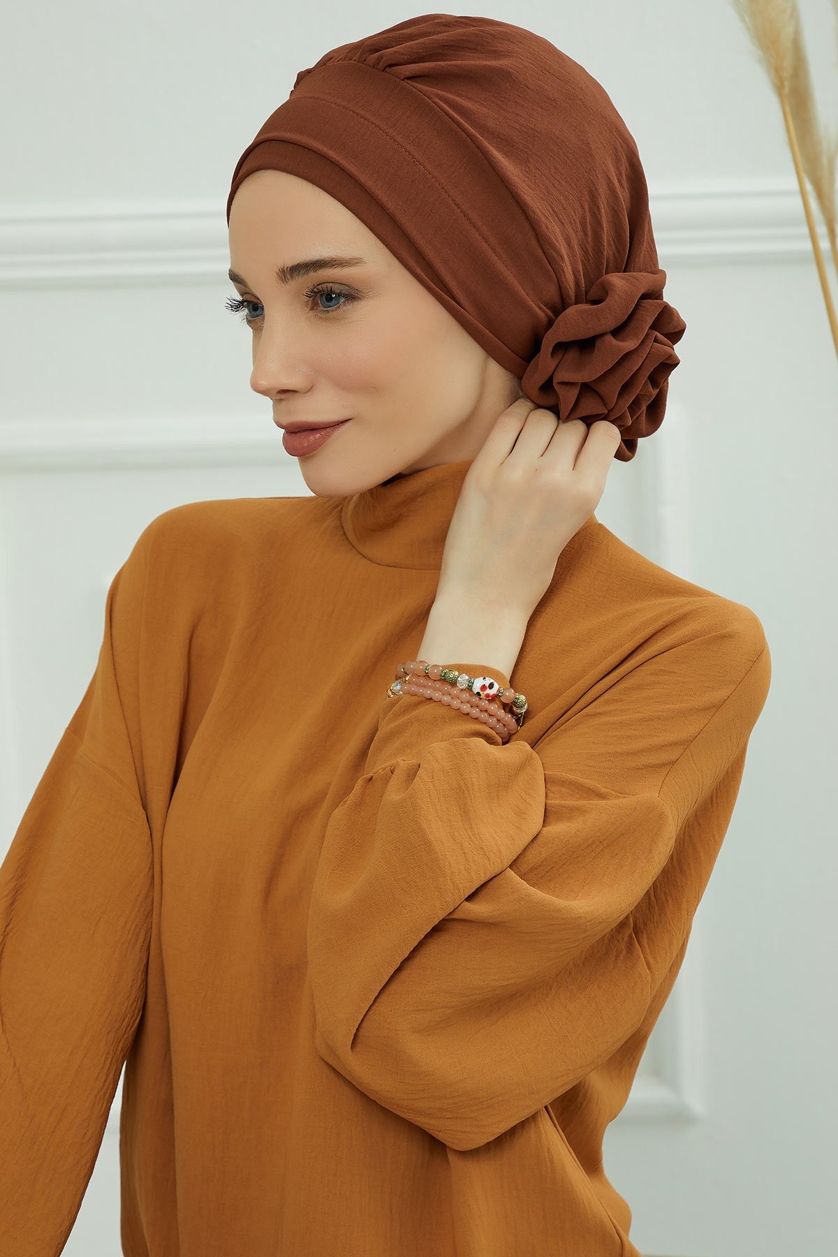 Pre-Tied Modest Turban for Women, Soft Aerobin Fabric Hijab with Stylish Back Flower, Slip-On Cotton Blend Head Cover,HT-92 Cinnamon