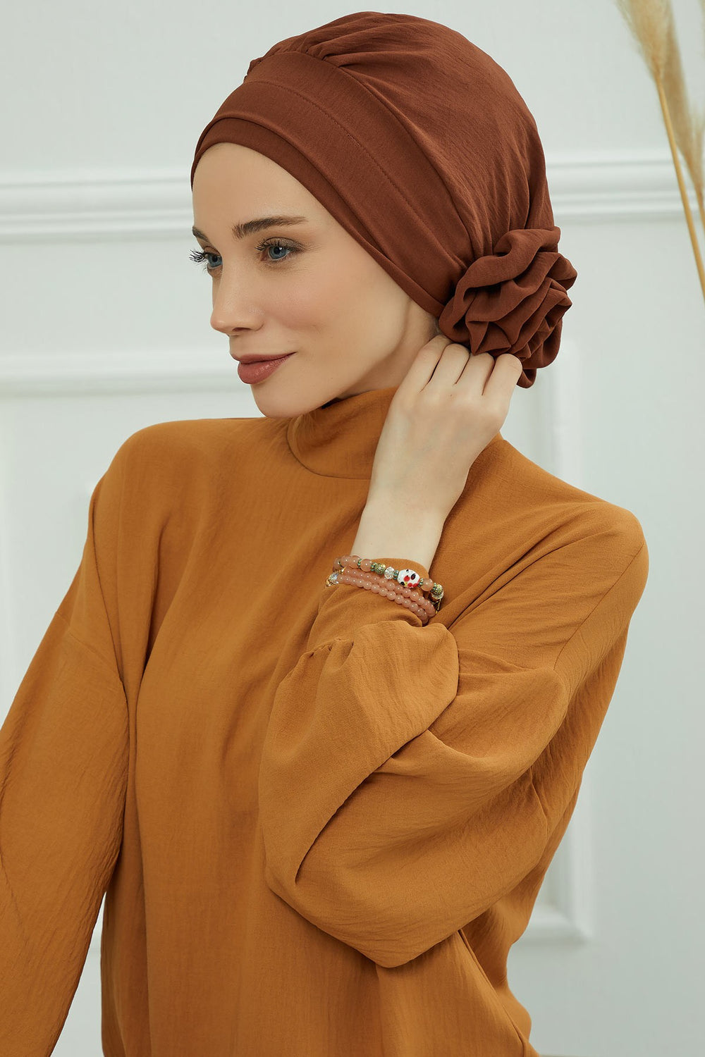 Pre-Tied Modest Turban for Women, Soft Aerobin Fabric Hijab with Stylish Back Flower, Slip-On Cotton Blend Head Cover,HT-92 Cinnamon