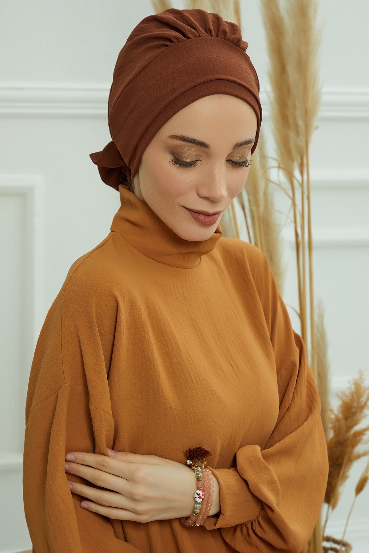 Pre-Tied Modest Turban for Women, Soft Aerobin Fabric Hijab with Stylish Back Flower, Slip-On Cotton Blend Head Cover,HT-92 Cinnamon