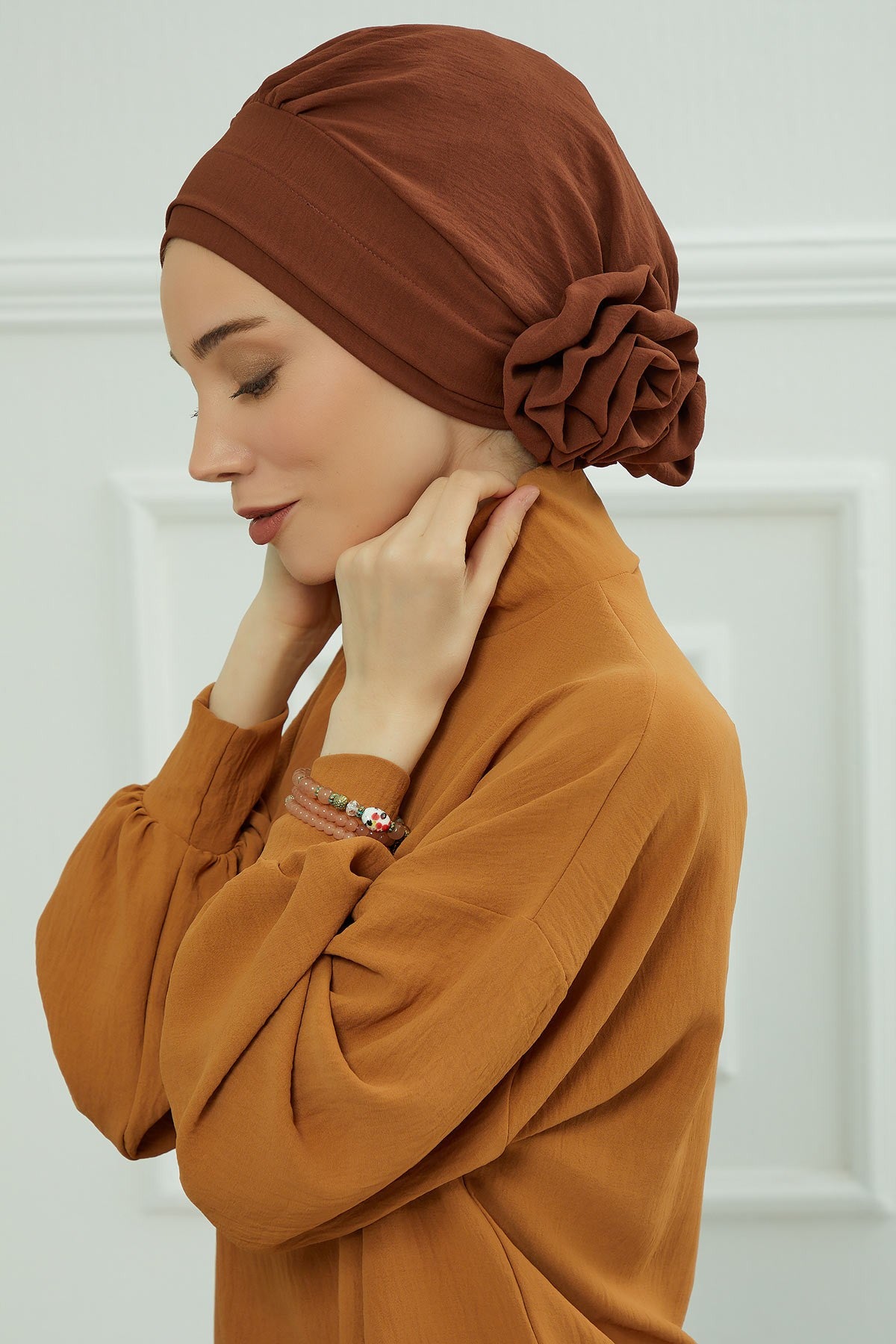 Pre-Tied Modest Turban for Women, Soft Aerobin Fabric Hijab with Stylish Back Flower, Slip-On Cotton Blend Head Cover,HT-92 Cinnamon