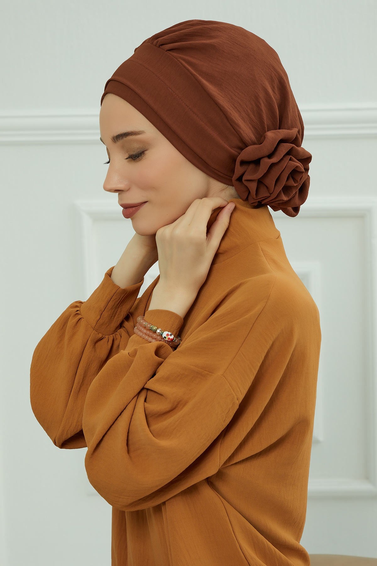 Pre-Tied Modest Turban for Women, Soft Aerobin Fabric Hijab with Stylish Back Flower, Slip-On Cotton Blend Head Cover,HT-92 Cinnamon