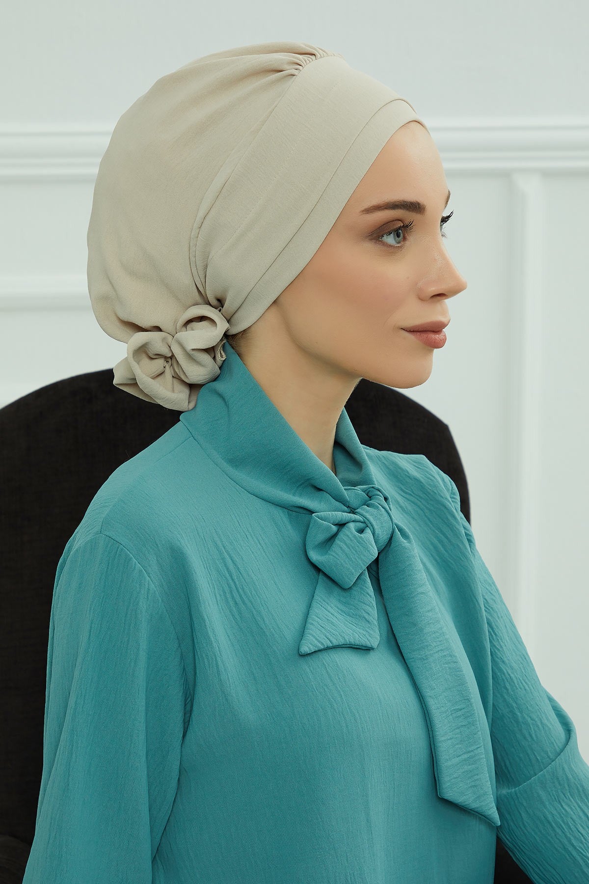 Pre-Tied Modest Turban for Women, Soft Aerobin Fabric Hijab with Stylish Back Flower, Slip-On Cotton Blend Head Cover,HT-92 Beige