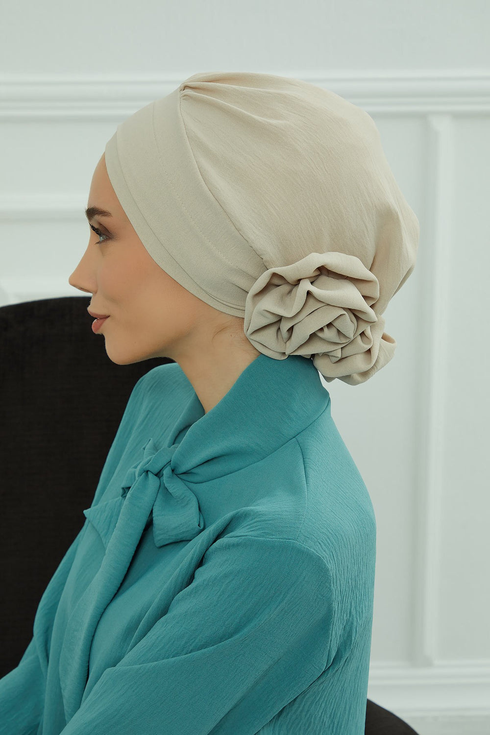 Pre-Tied Modest Turban for Women, Soft Aerobin Fabric Hijab with Stylish Back Flower, Slip-On Cotton Blend Head Cover,HT-92 Beige