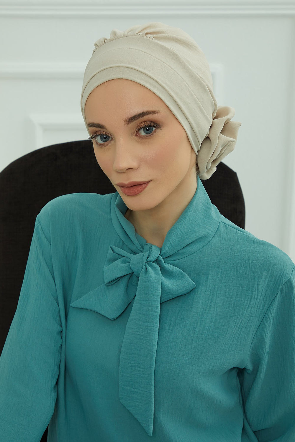 Pre-Tied Modest Turban for Women, Soft Aerobin Fabric Hijab with Stylish Back Flower, Slip-On Cotton Blend Head Cover,HT-92 Beige