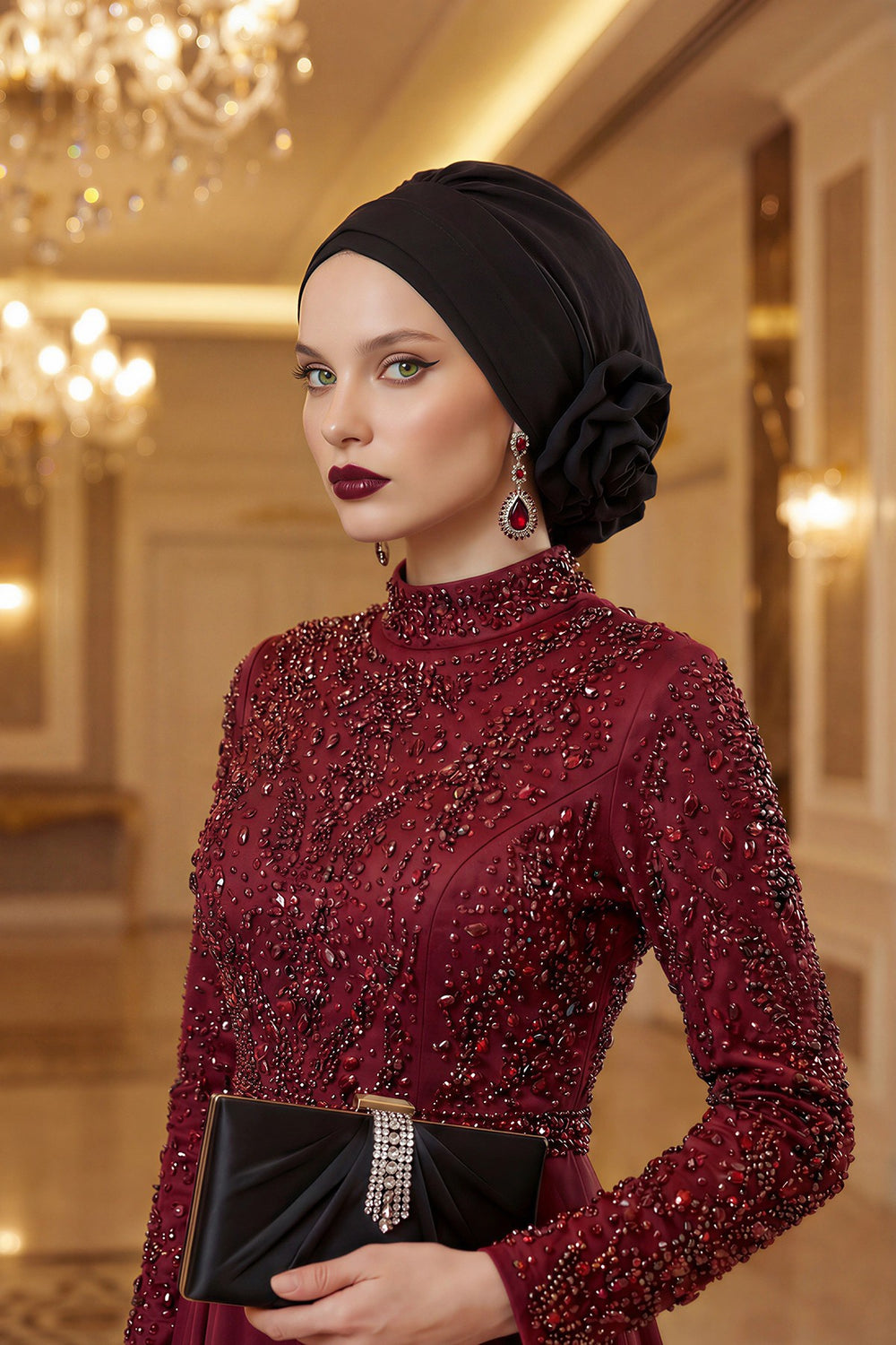 Pre-Tied Modest Turban for Women, Soft Aerobin Fabric Hijab with Stylish Back Flower, Slip-On Cotton Blend Head Cover,HT-92 Black
