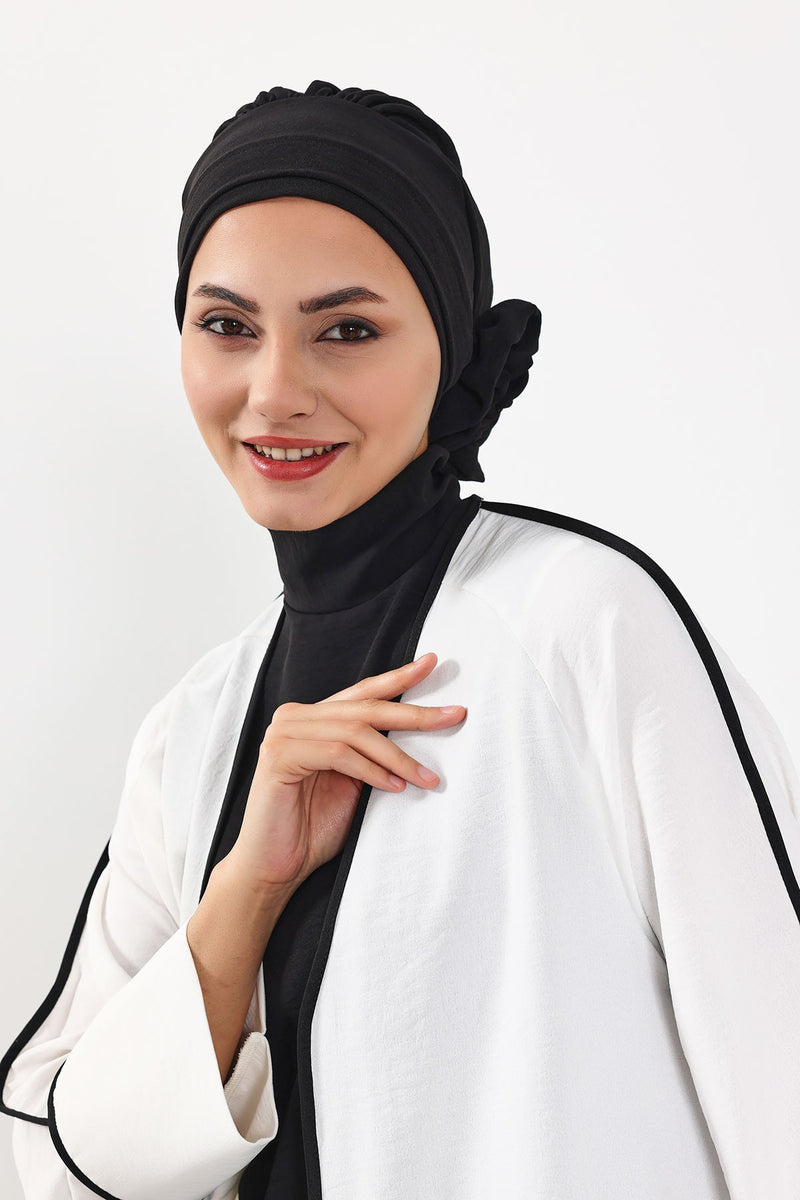 Pre-Tied Modest Turban for Women, Soft Aerobin Fabric Hijab with Stylish Back Flower, Slip-On Cotton Blend Head Cover,HT-92