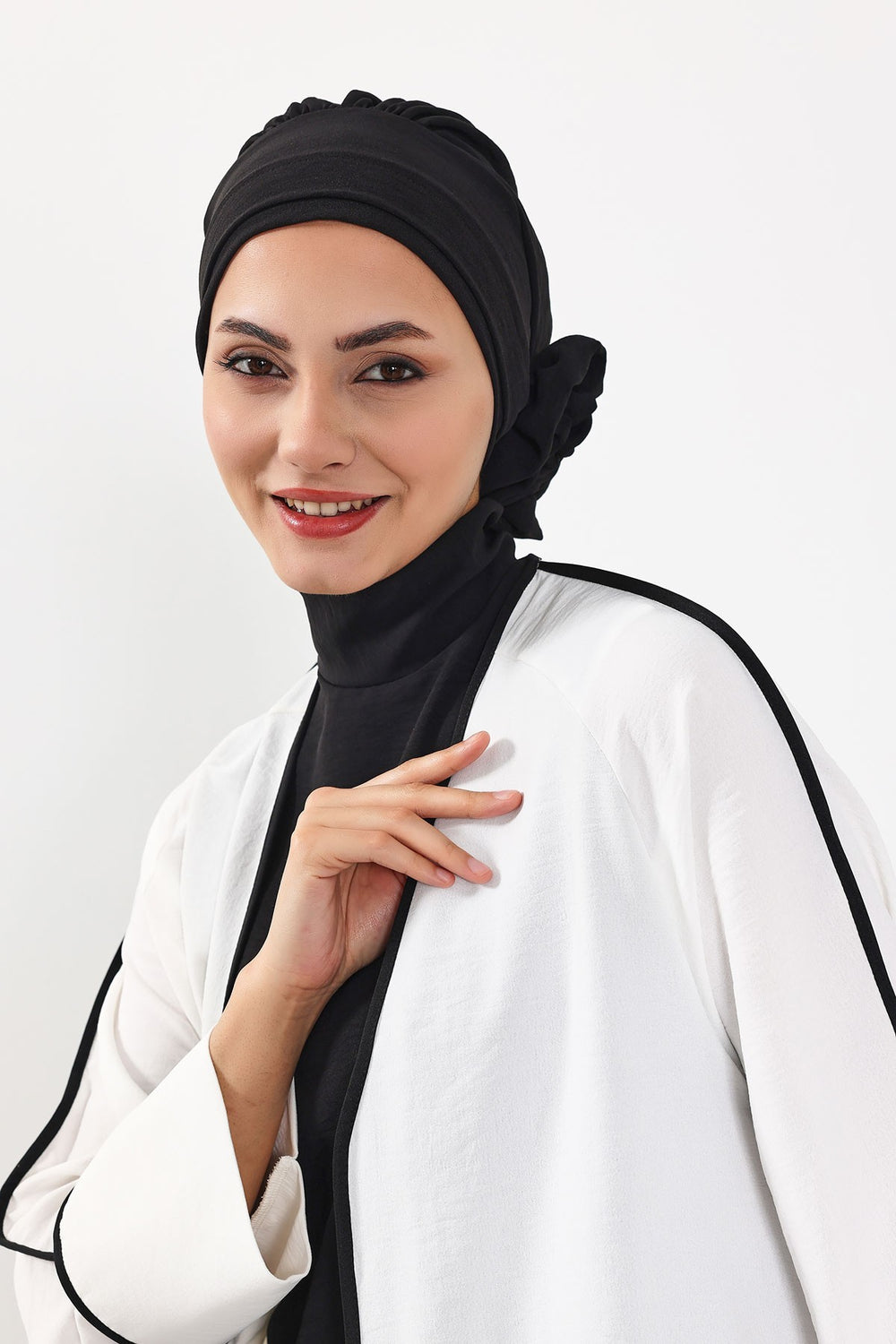Pre-Tied Modest Turban for Women, Soft Aerobin Fabric Hijab with Stylish Back Flower, Slip-On Cotton Blend Head Cover,HT-92 Black
