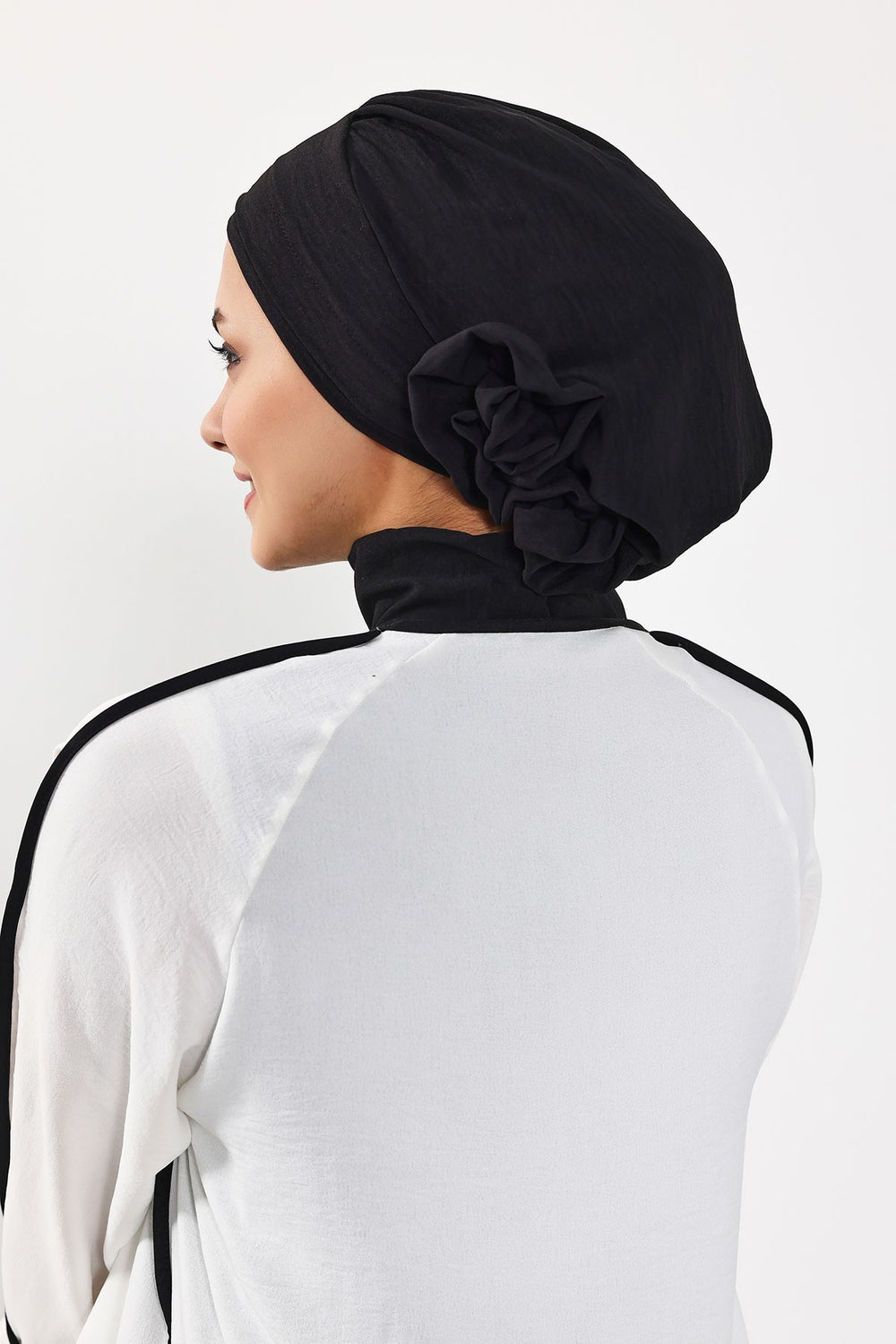 Pre-Tied Modest Turban for Women, Soft Aerobin Fabric Hijab with Stylish Back Flower, Slip-On Cotton Blend Head Cover,HT-92 Black