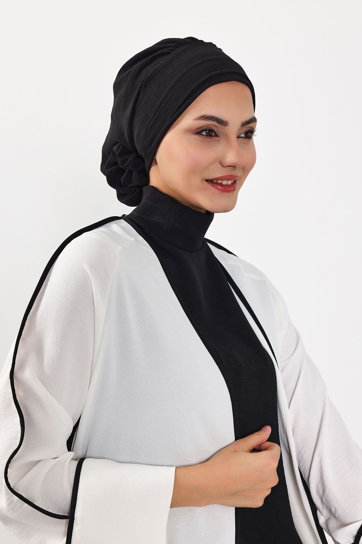 Pre-Tied Modest Turban for Women, Soft Aerobin Fabric Hijab with Stylish Back Flower, Slip-On Cotton Blend Head Cover,HT-92 Black