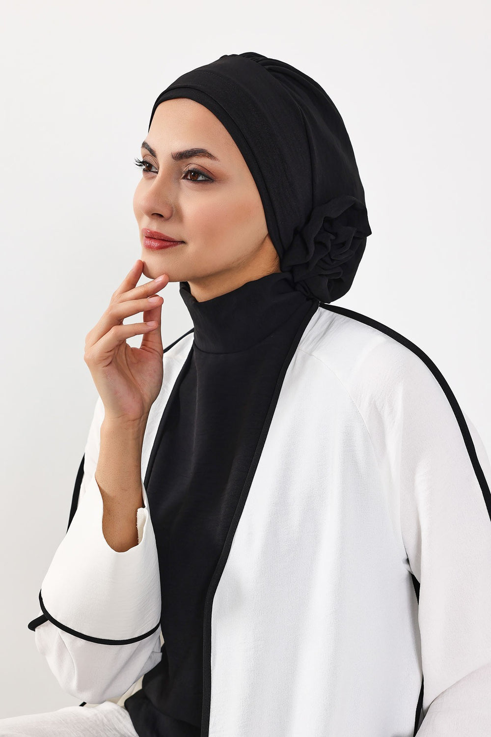 Pre-Tied Modest Turban for Women, Soft Aerobin Fabric Hijab with Stylish Back Flower, Slip-On Cotton Blend Head Cover,HT-92 Black