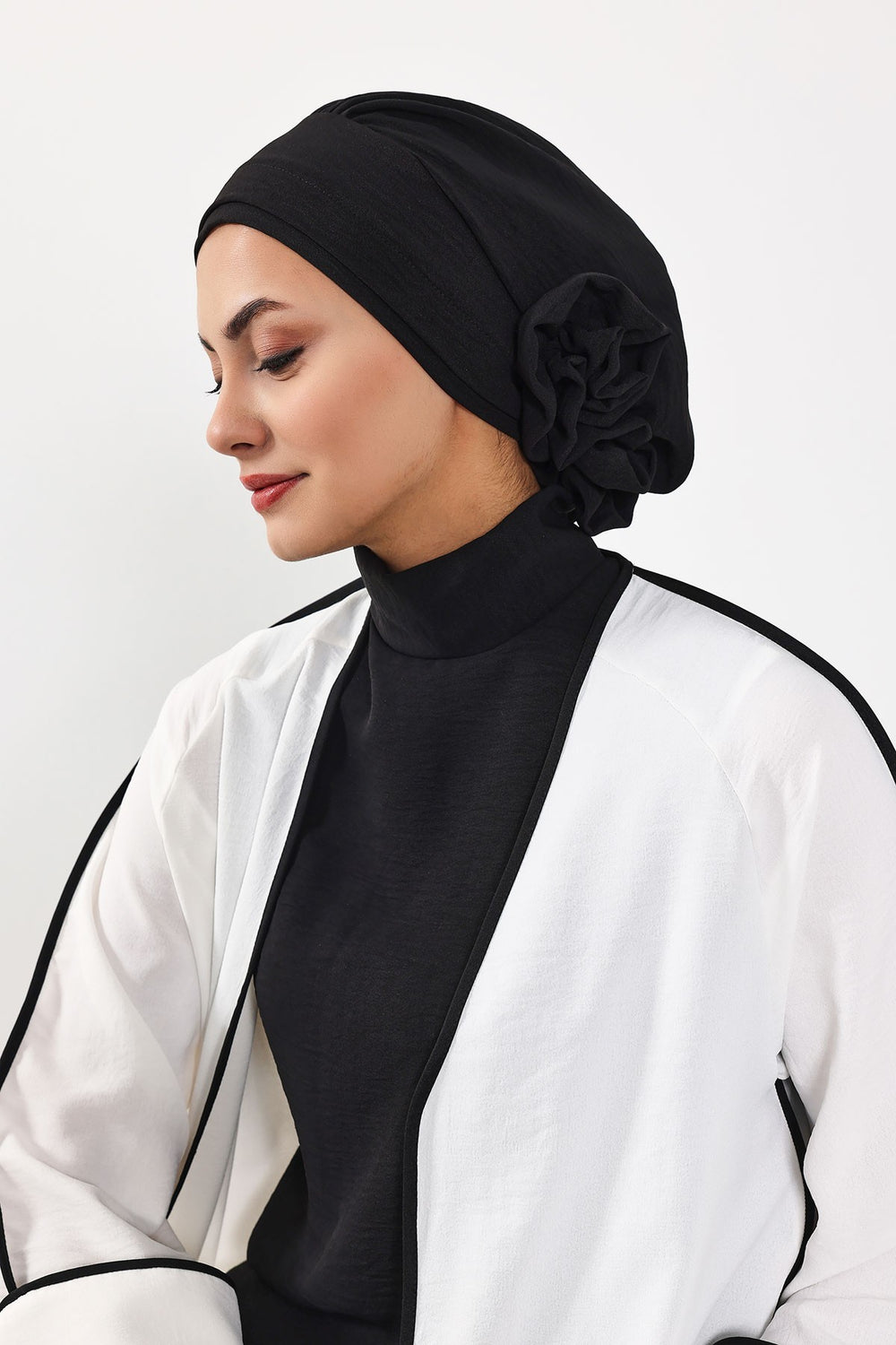 Pre-Tied Modest Turban for Women, Soft Aerobin Fabric Hijab with Stylish Back Flower, Slip-On Cotton Blend Head Cover,HT-92 Black