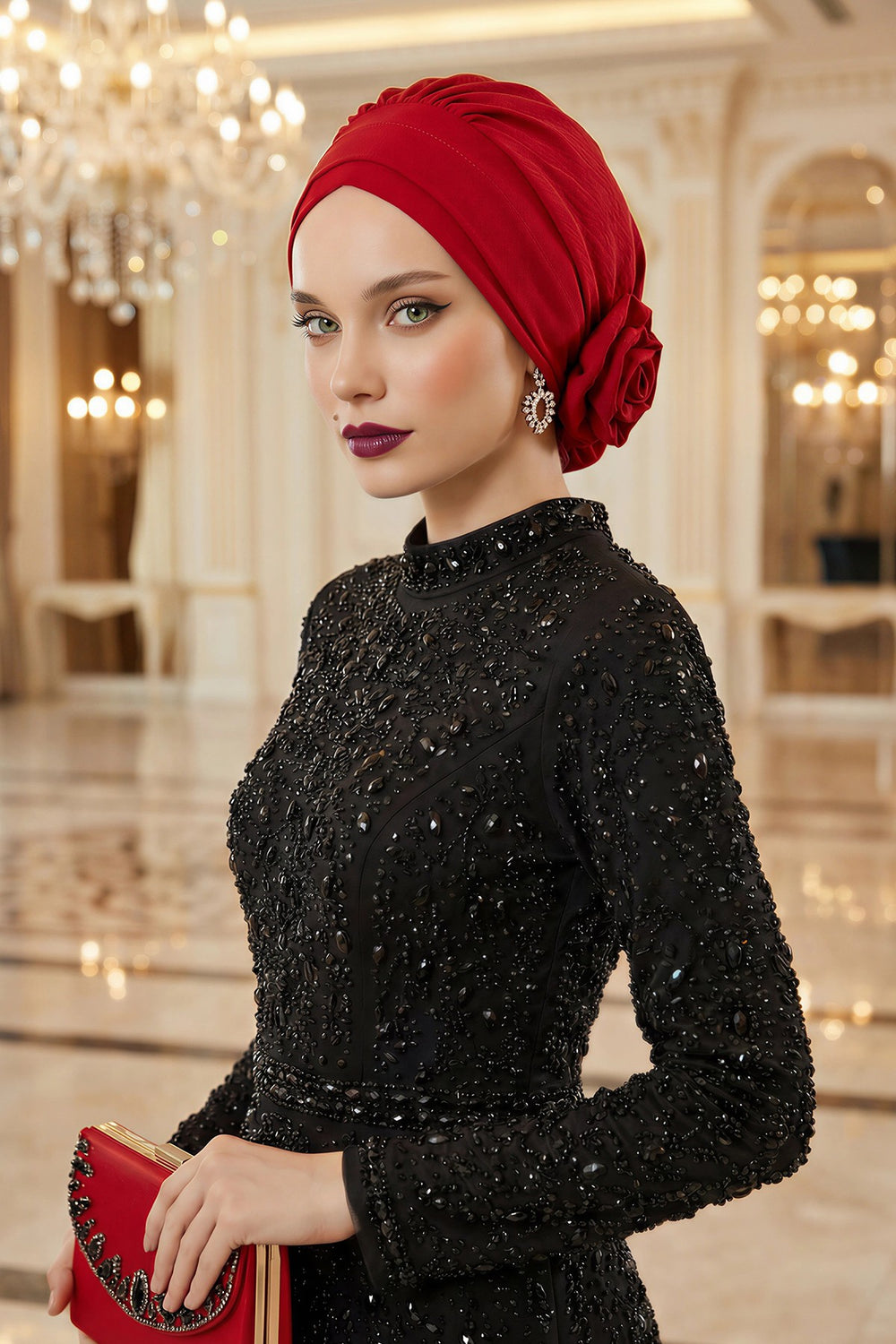 Pre-Tied Modest Turban for Women, Soft Aerobin Fabric Hijab with Stylish Back Flower, Slip-On Cotton Blend Head Cover,HT-92 Red