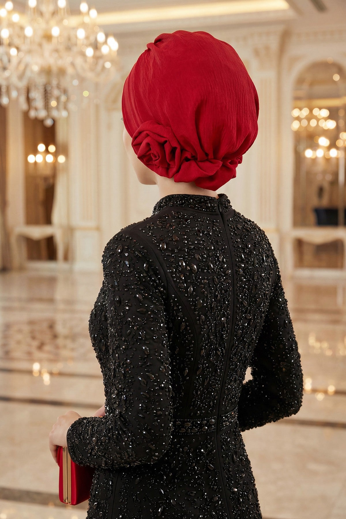 Pre-Tied Modest Turban for Women, Soft Aerobin Fabric Hijab with Stylish Back Flower, Slip-On Cotton Blend Head Cover,HT-92 Red