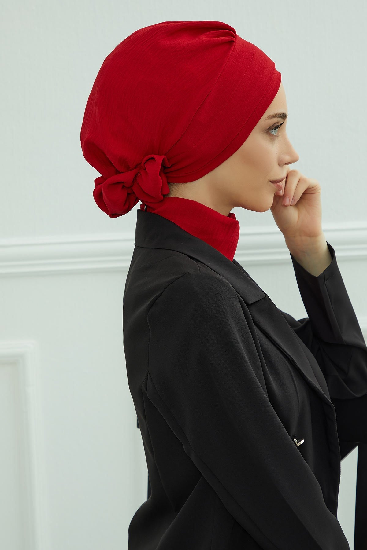 Pre-Tied Modest Turban for Women, Soft Aerobin Fabric Hijab with Stylish Back Flower, Slip-On Cotton Blend Head Cover,HT-92 Red