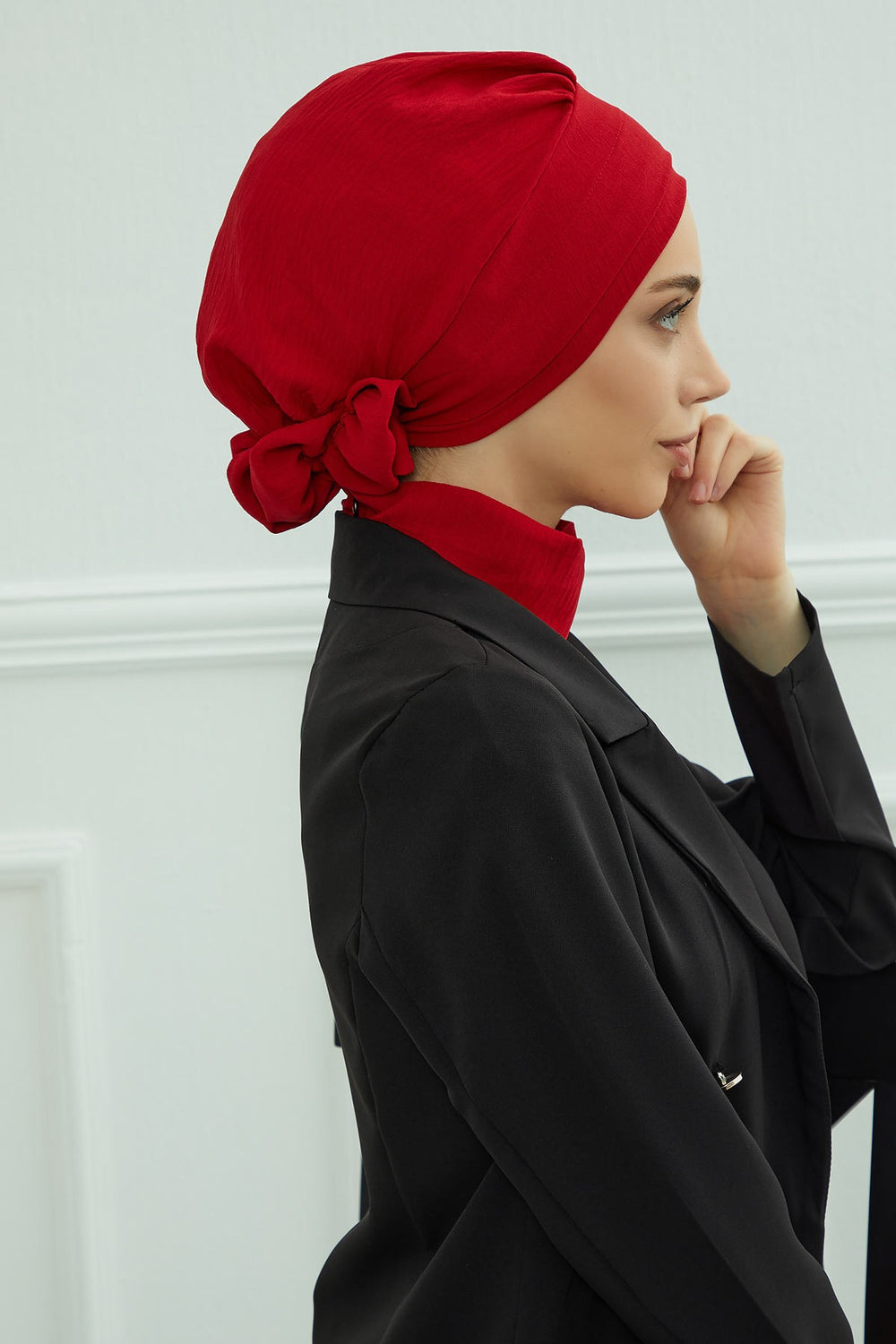 Pre-Tied Modest Turban for Women, Soft Aerobin Fabric Hijab with Stylish Back Flower, Slip-On Cotton Blend Head Cover,HT-92 Red