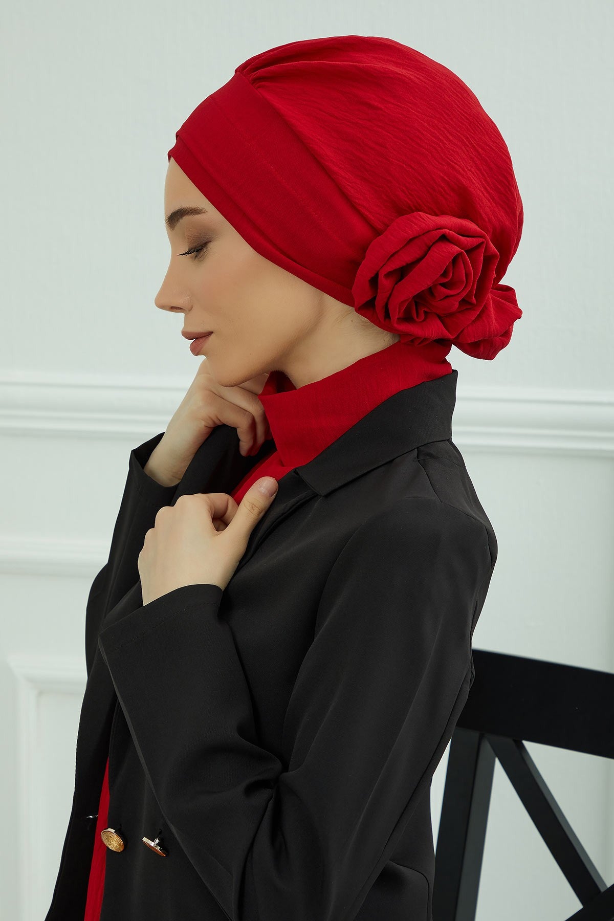 Pre-Tied Modest Turban for Women, Soft Aerobin Fabric Hijab with Stylish Back Flower, Slip-On Cotton Blend Head Cover,HT-92 Red