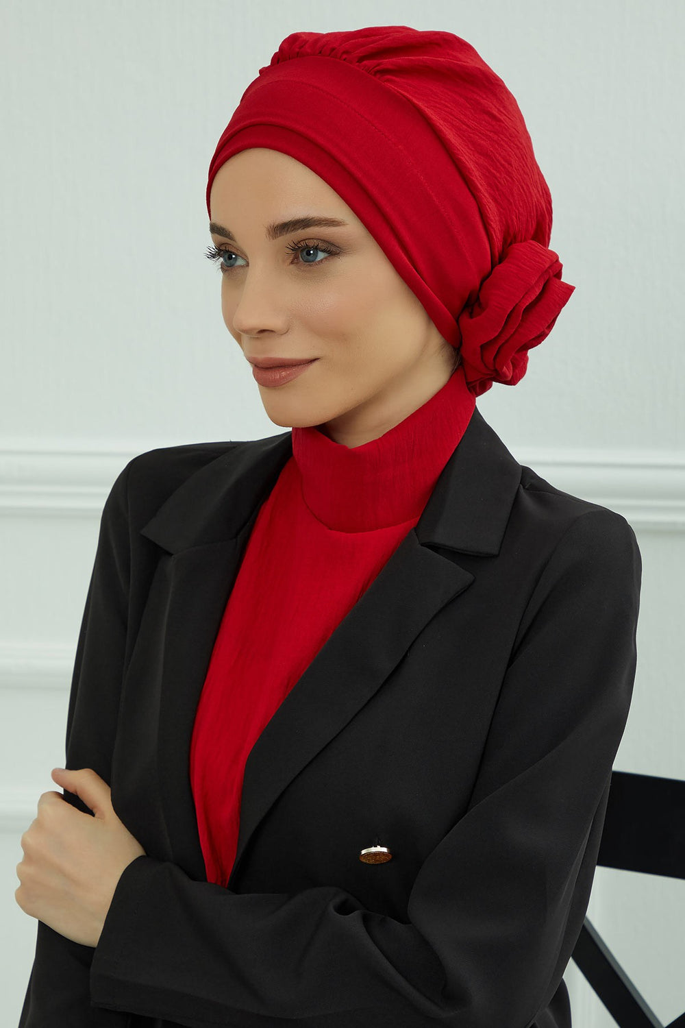 Pre-Tied Modest Turban for Women, Soft Aerobin Fabric Hijab with Stylish Back Flower, Slip-On Cotton Blend Head Cover,HT-92 Red
