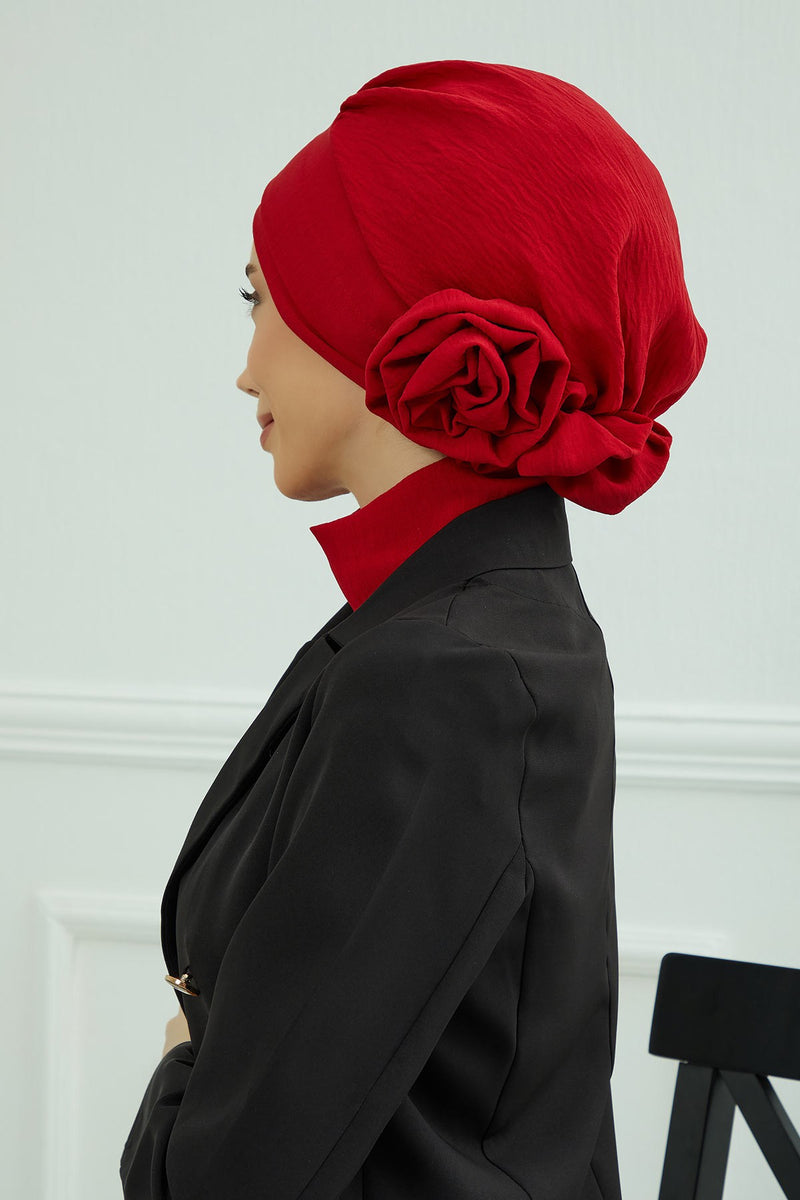 Pre-Tied Modest Turban for Women, Soft Aerobin Fabric Hijab with Stylish Back Flower, Slip-On Cotton Blend Head Cover,HT-92