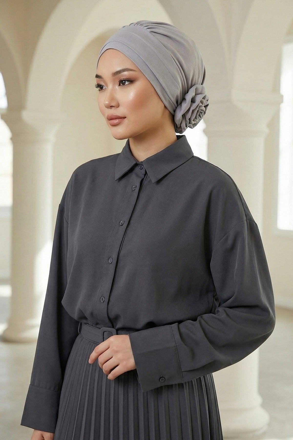 Pre-Tied Modest Turban for Women, Soft Aerobin Fabric Hijab with Stylish Back Flower, Slip-On Cotton Blend Head Cover,HT-92 Grey