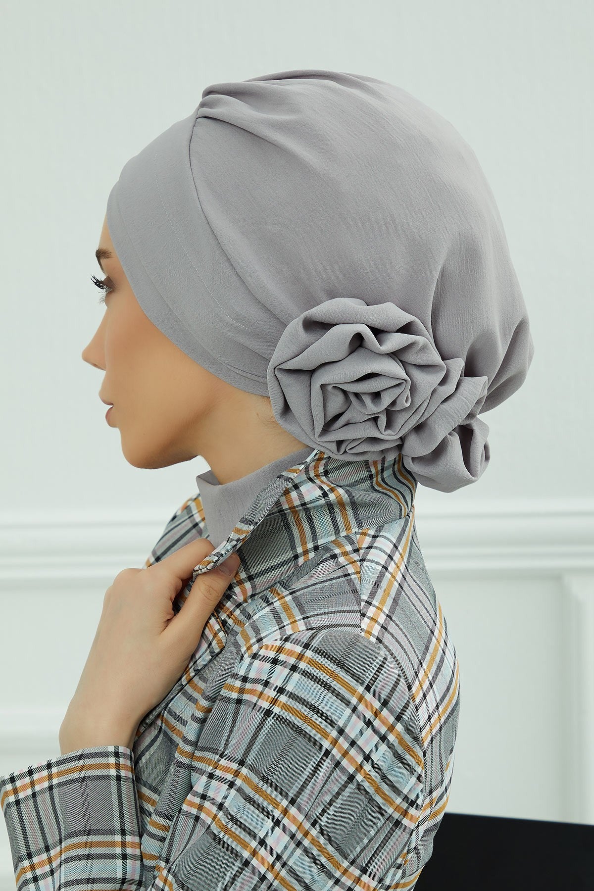 Pre-Tied Modest Turban for Women, Soft Aerobin Fabric Hijab with Stylish Back Flower, Slip-On Cotton Blend Head Cover,HT-92 Grey