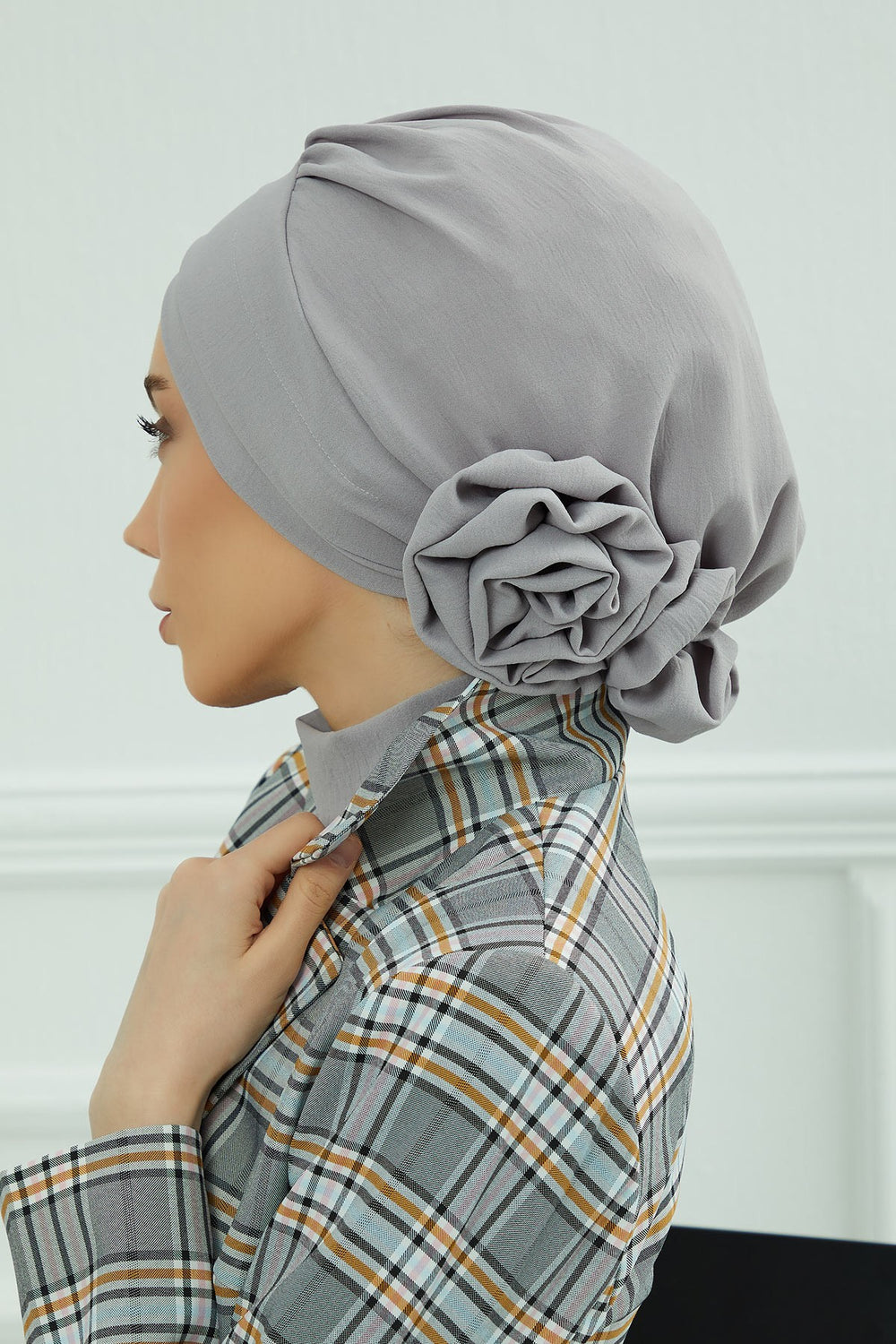 Pre-Tied Modest Turban for Women, Soft Aerobin Fabric Hijab with Stylish Back Flower, Slip-On Cotton Blend Head Cover,HT-92 Grey