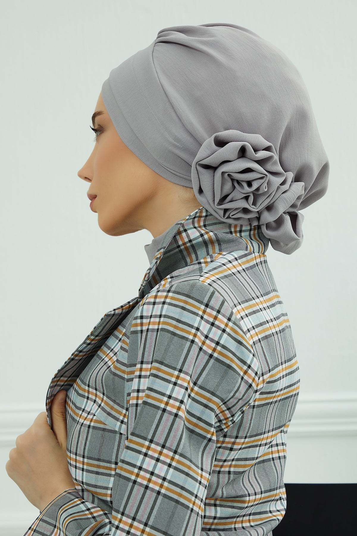 Pre-Tied Modest Turban for Women, Soft Aerobin Fabric Hijab with Stylish Back Flower, Slip-On Cotton Blend Head Cover,HT-92 Grey
