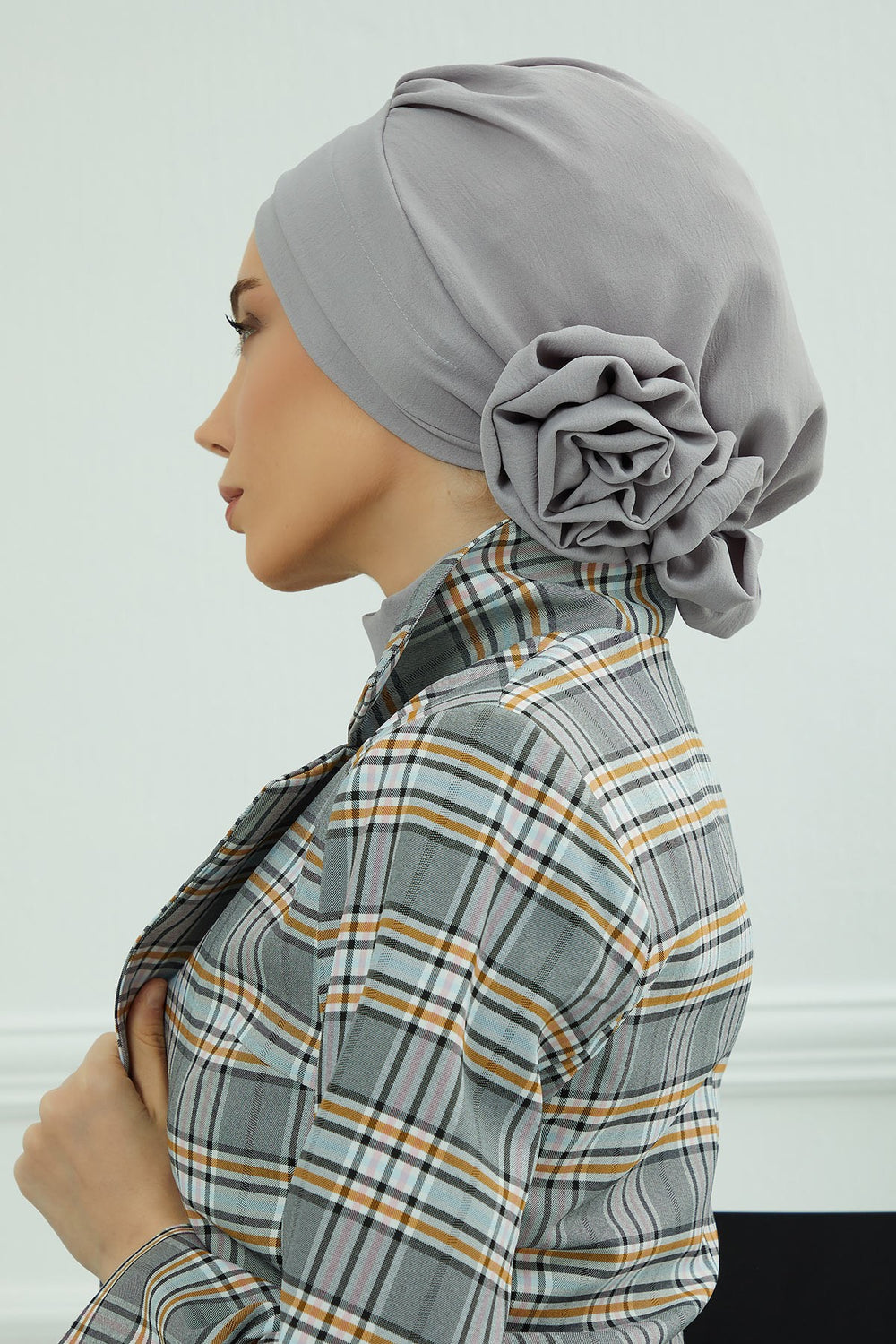 Pre-Tied Modest Turban for Women, Soft Aerobin Fabric Hijab with Stylish Back Flower, Slip-On Cotton Blend Head Cover,HT-92 Grey