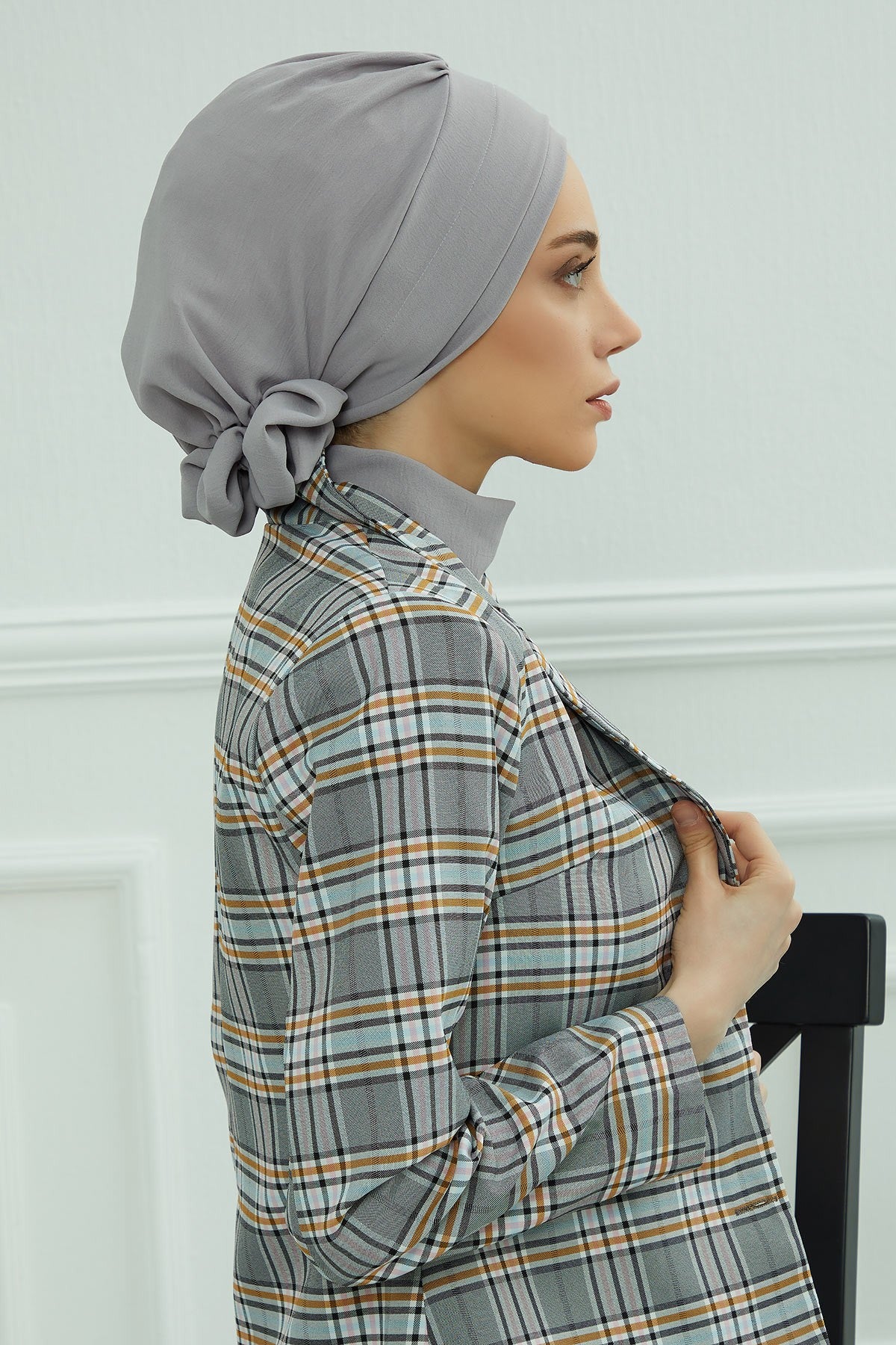 Pre-Tied Modest Turban for Women, Soft Aerobin Fabric Hijab with Stylish Back Flower, Slip-On Cotton Blend Head Cover,HT-92 Grey