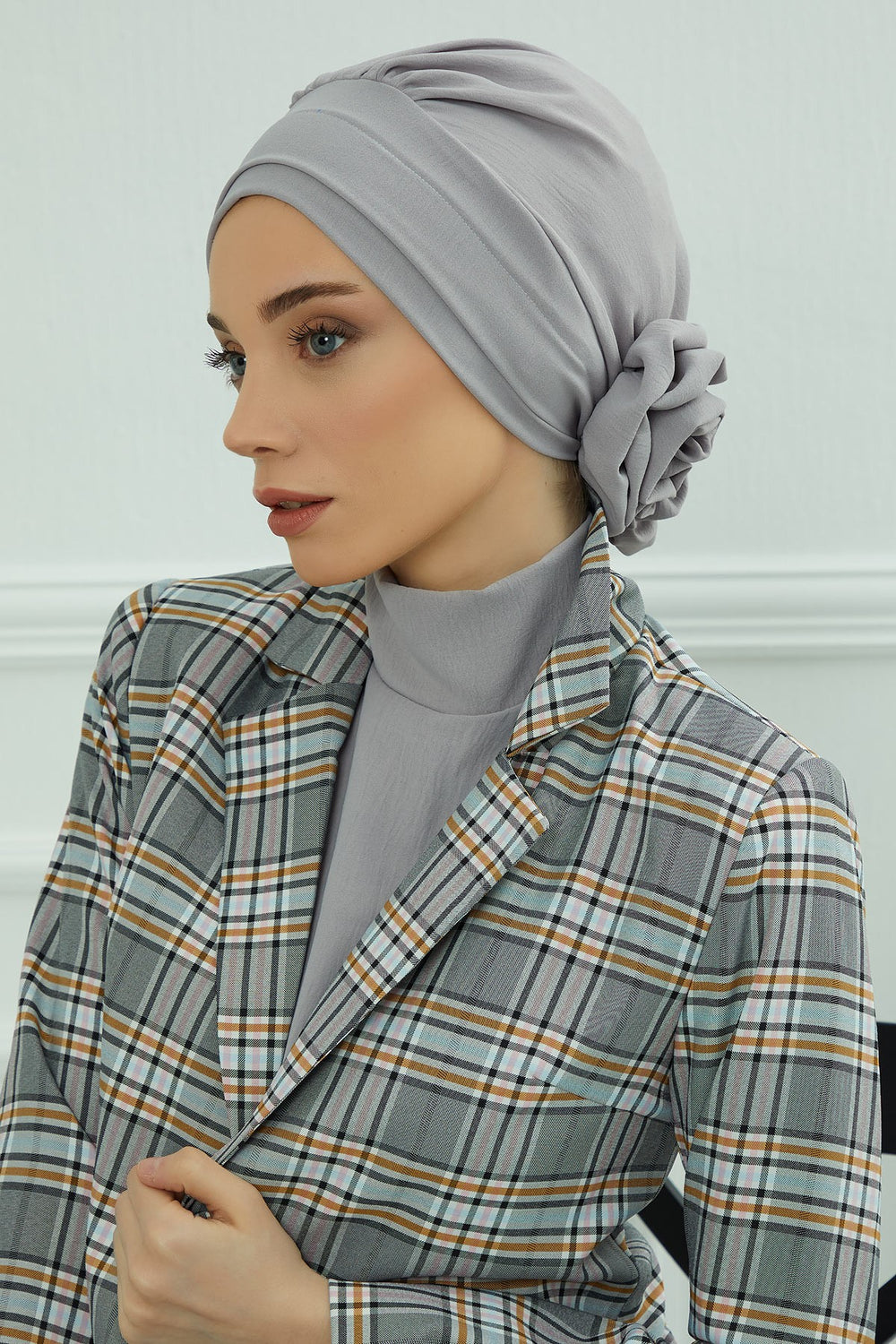 Pre-Tied Modest Turban for Women, Soft Aerobin Fabric Hijab with Stylish Back Flower, Slip-On Cotton Blend Head Cover,HT-92 Grey
