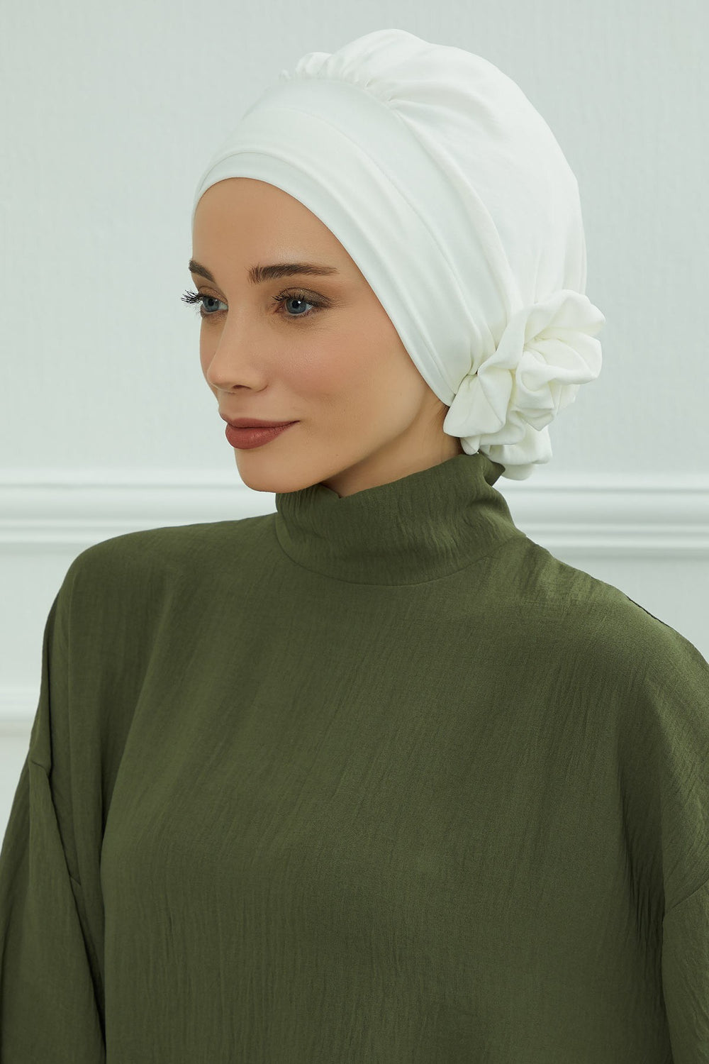 Pre-Tied Modest Turban for Women, Soft Aerobin Fabric Hijab with Stylish Back Flower, Slip-On Cotton Blend Head Cover,HT-92 White