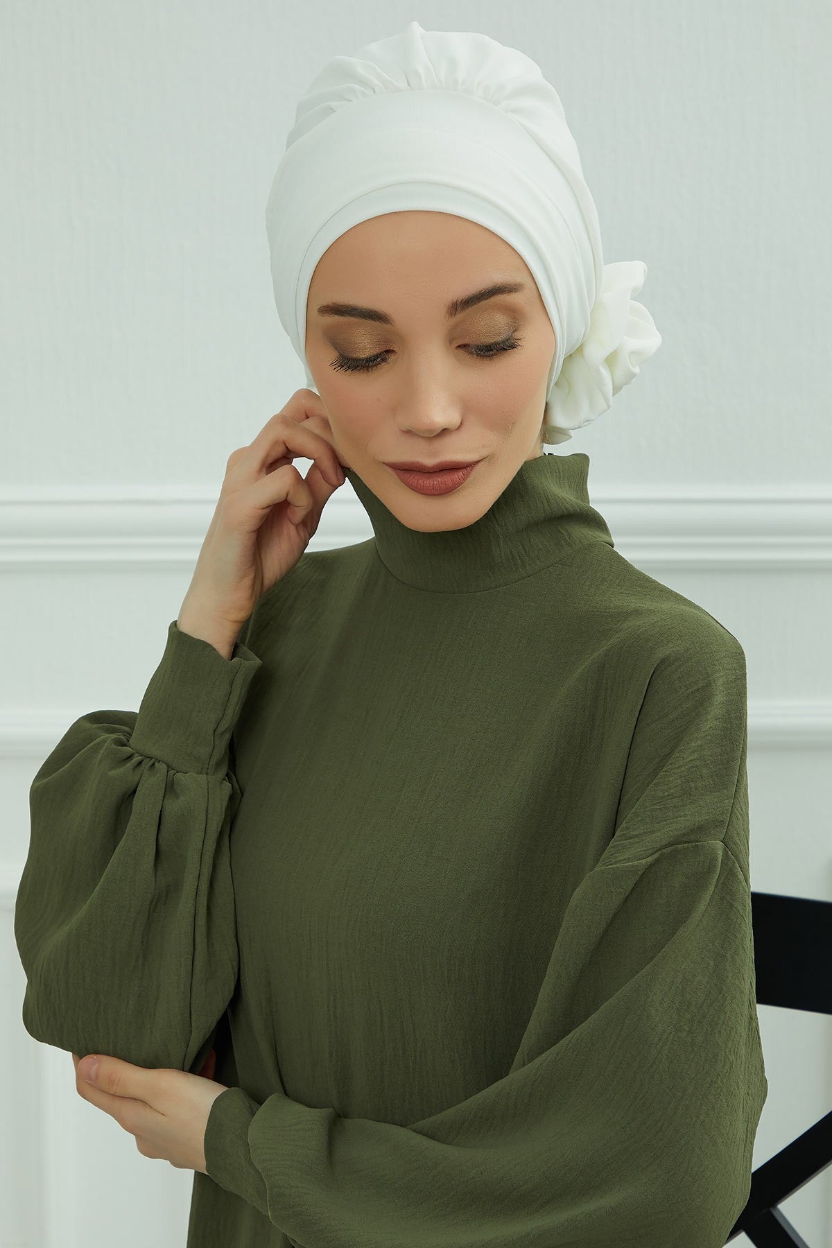Pre-Tied Modest Turban for Women, Soft Aerobin Fabric Hijab with Stylish Back Flower, Slip-On Cotton Blend Head Cover,HT-92 White