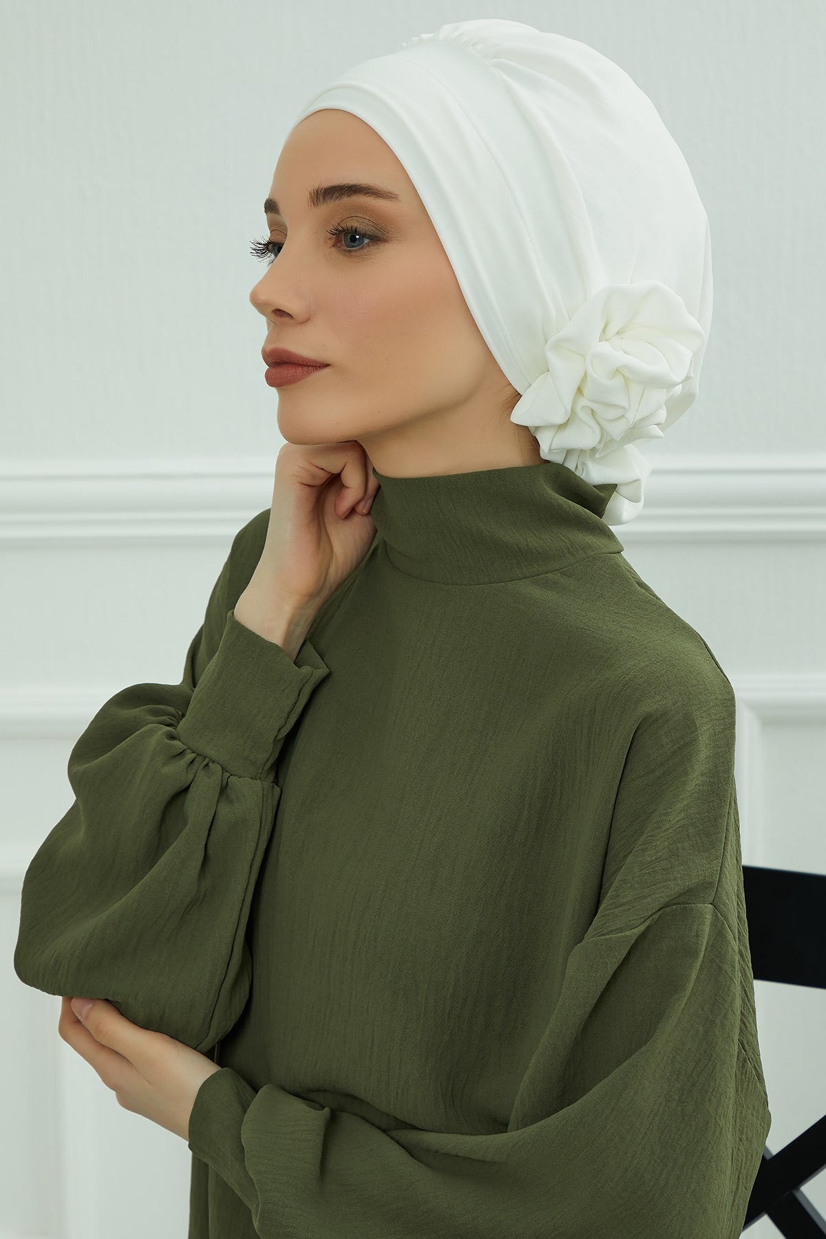 Pre-Tied Modest Turban for Women, Soft Aerobin Fabric Hijab with Stylish Back Flower, Slip-On Cotton Blend Head Cover,HT-92 White