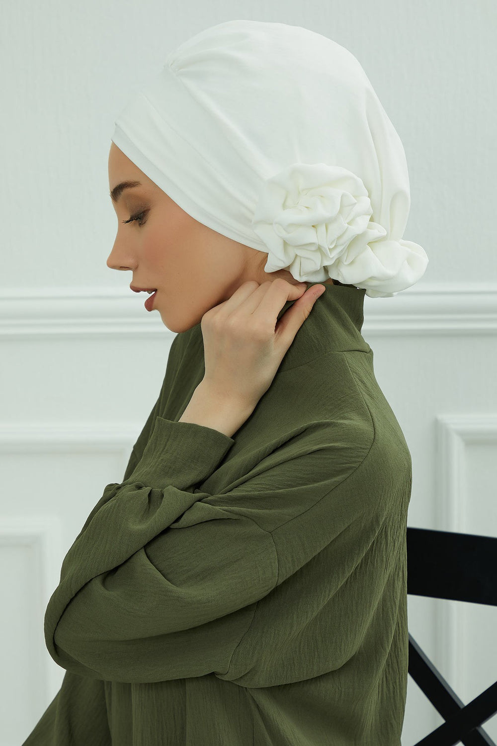 Pre-Tied Modest Turban for Women, Soft Aerobin Fabric Hijab with Stylish Back Flower, Slip-On Cotton Blend Head Cover,HT-92 White