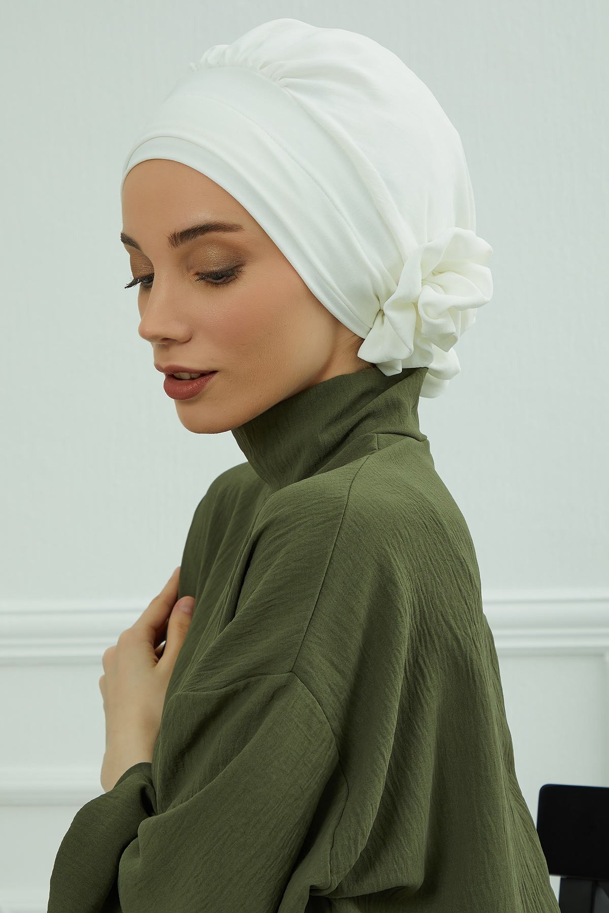 Pre-Tied Modest Turban for Women, Soft Aerobin Fabric Hijab with Stylish Back Flower, Slip-On Cotton Blend Head Cover,HT-92 White