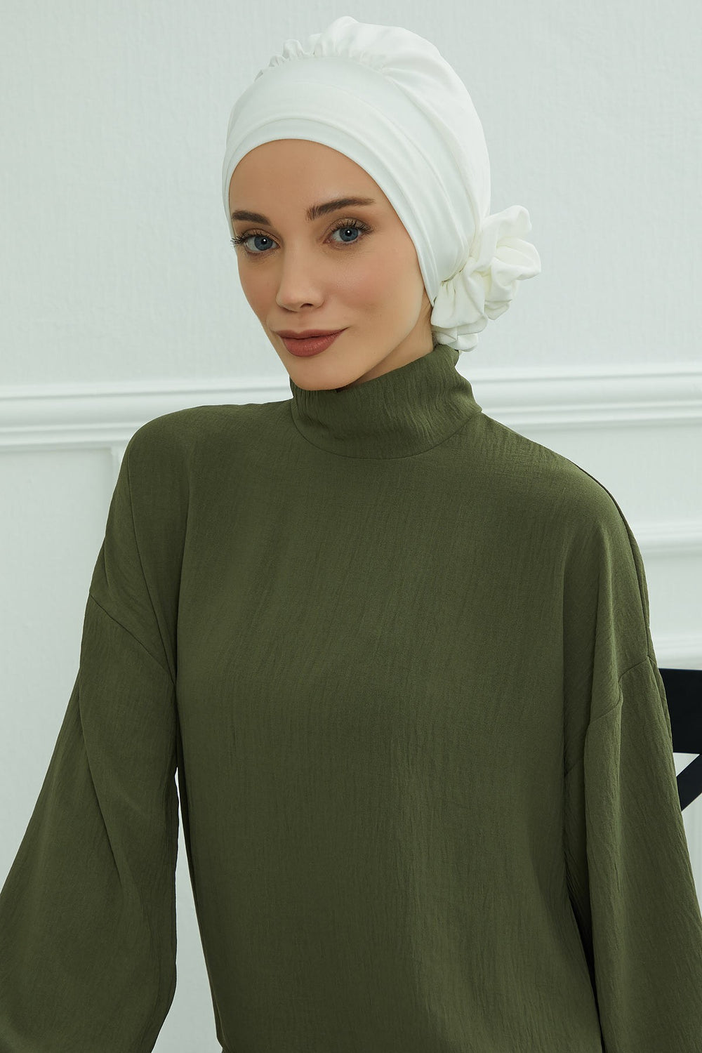 Pre-Tied Modest Turban for Women, Soft Aerobin Fabric Hijab with Stylish Back Flower, Slip-On Cotton Blend Head Cover,HT-92 White