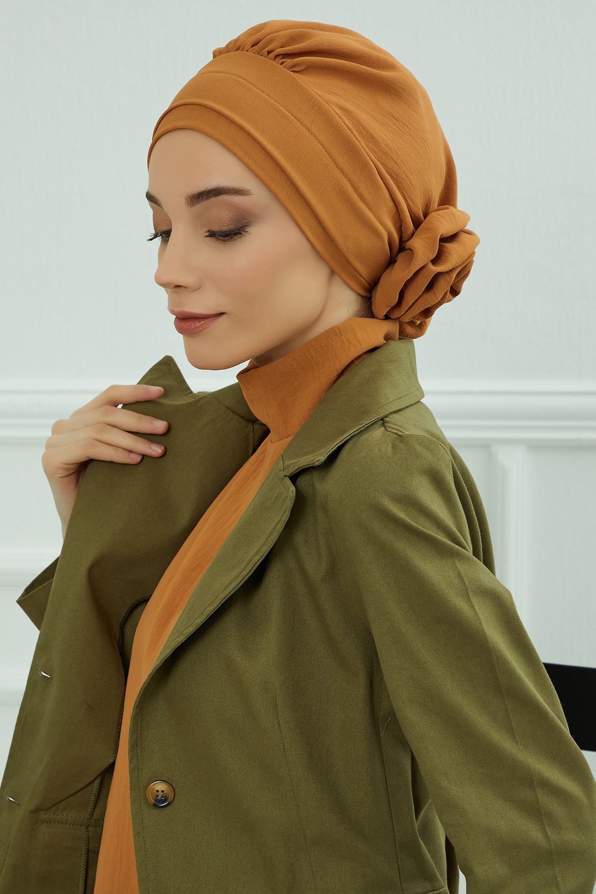 Pre-Tied Modest Turban for Women, Soft Aerobin Fabric Hijab with Stylish Back Flower, Slip-On Cotton Blend Head Cover,HT-92 Tawny Brown