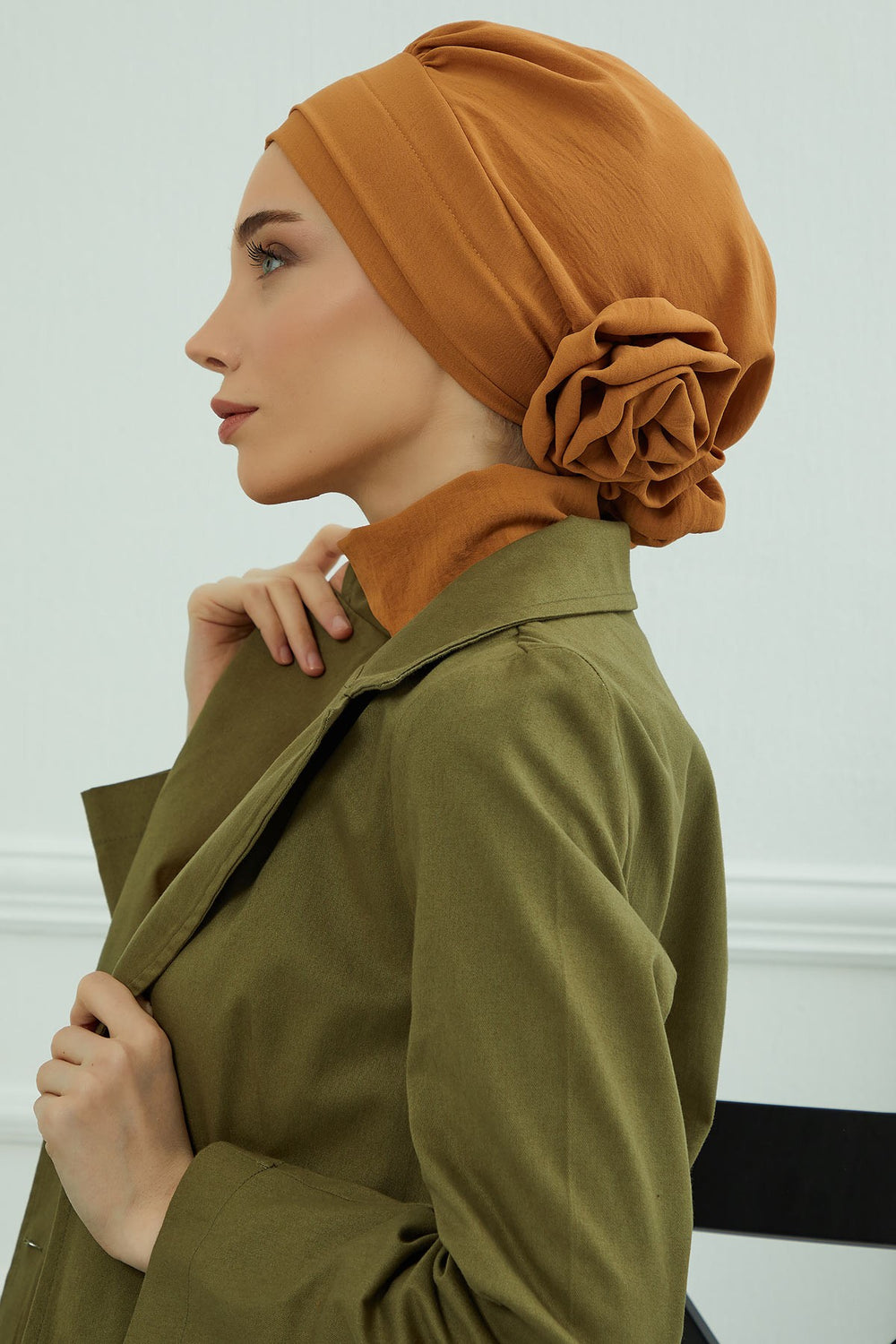 Pre-Tied Modest Turban for Women, Soft Aerobin Fabric Hijab with Stylish Back Flower, Slip-On Cotton Blend Head Cover,HT-92 Tawny Brown