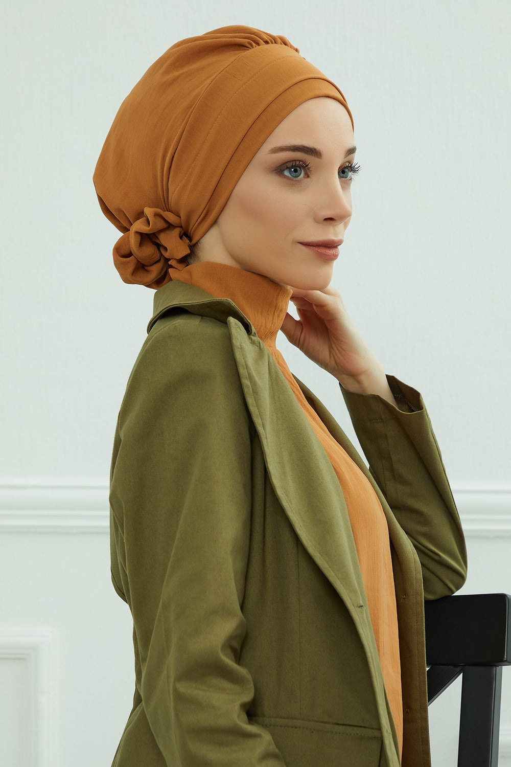 Pre-Tied Modest Turban for Women, Soft Aerobin Fabric Hijab with Stylish Back Flower, Slip-On Cotton Blend Head Cover,HT-92 Tawny Brown
