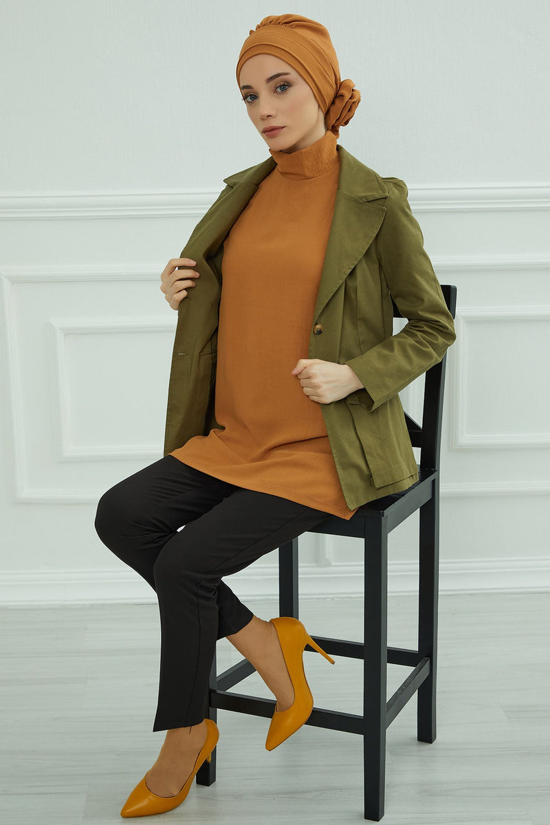 Pre-Tied Modest Turban for Women, Soft Aerobin Fabric Hijab with Stylish Back Flower, Slip-On Cotton Blend Head Cover,HT-92