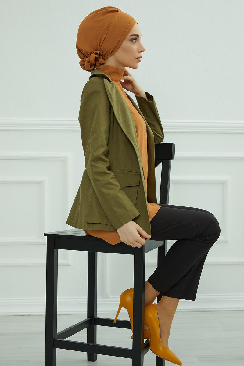 Pre-Tied Modest Turban for Women, Soft Aerobin Fabric Hijab with Stylish Back Flower, Slip-On Cotton Blend Head Cover,HT-92