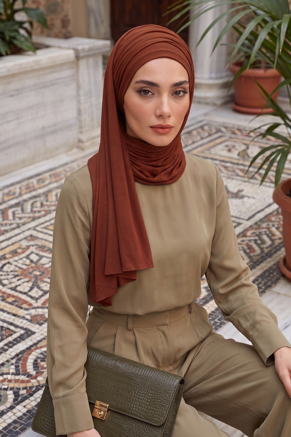 Premium Jersey Shawl Hijab for Women, Easy to Wear Cotton Headscarf, Lightweight and Breathable Instant Jersey Shawl, Mother's Day Gift,BT-1 Tile Red