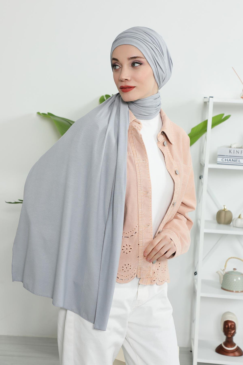 Premium Jersey Shawl Hijab for Women, Easy to Wear Cotton Headscarf, Lightweight and Breathable Instant Jersey Shawl, Mother's Day Gift,BT-1 Grey 2