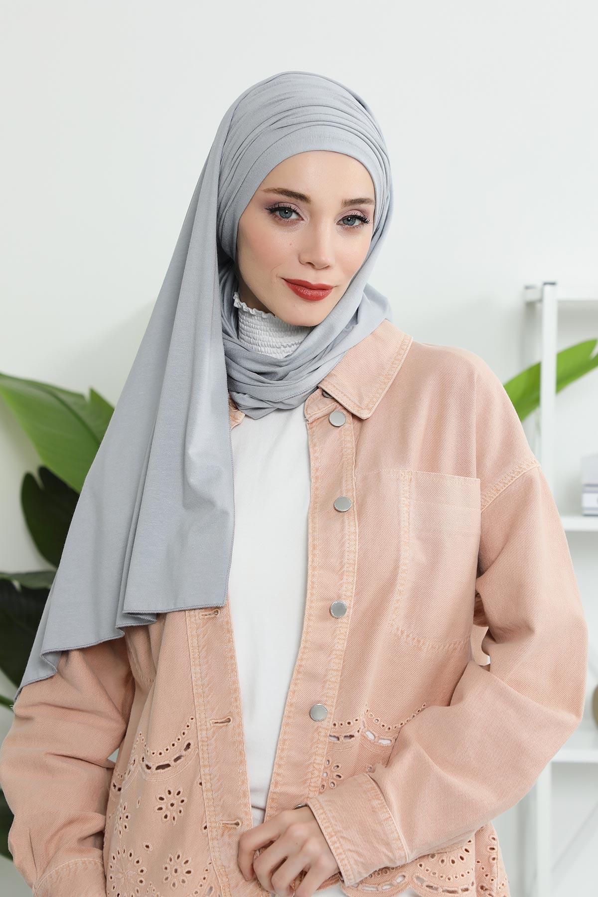 Premium Jersey Shawl Hijab for Women, Easy to Wear Cotton Headscarf, Lightweight and Breathable Instant Jersey Shawl, Mother's Day Gift,BT-1 Grey 2